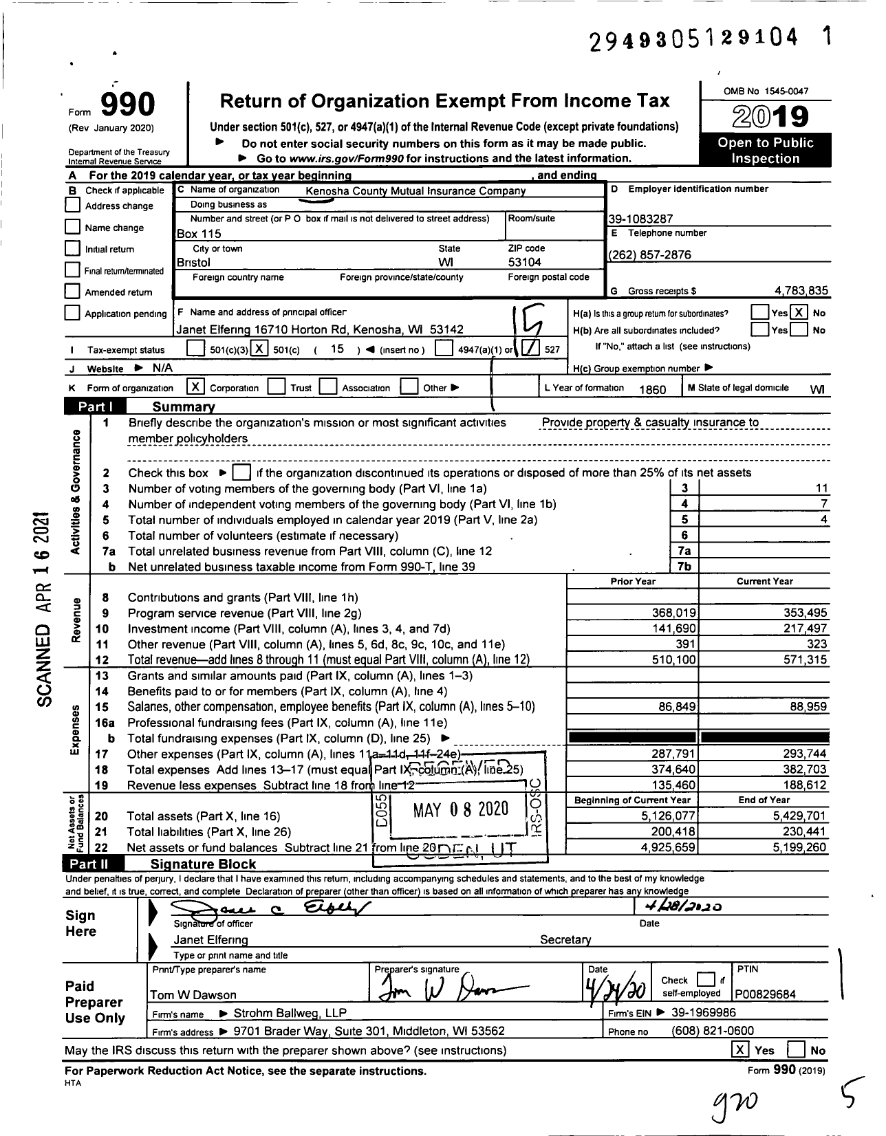 Image of first page of 2019 Form 990O for Kenosha County Mutual Insurance Company