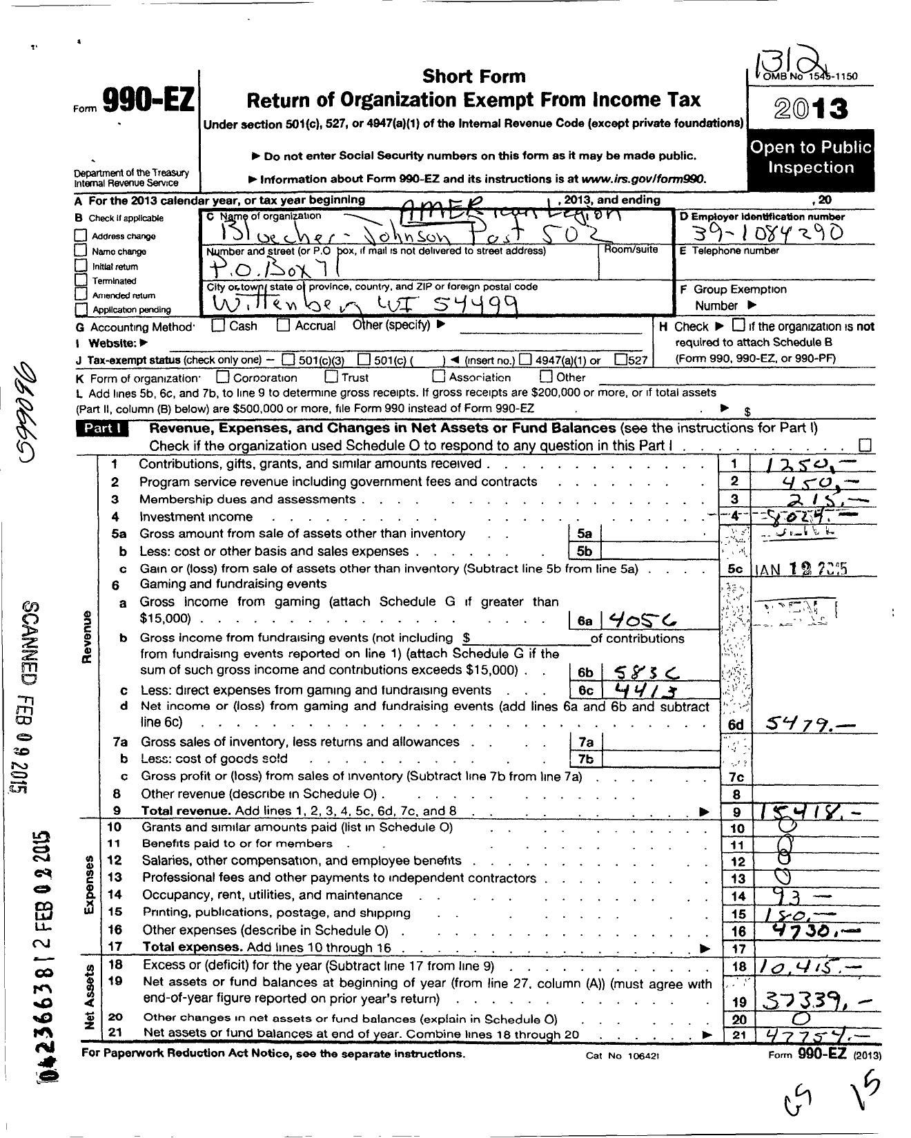 Image of first page of 2013 Form 990EO for AMERICAN LEGION - 0502 Bloecher-Johnson