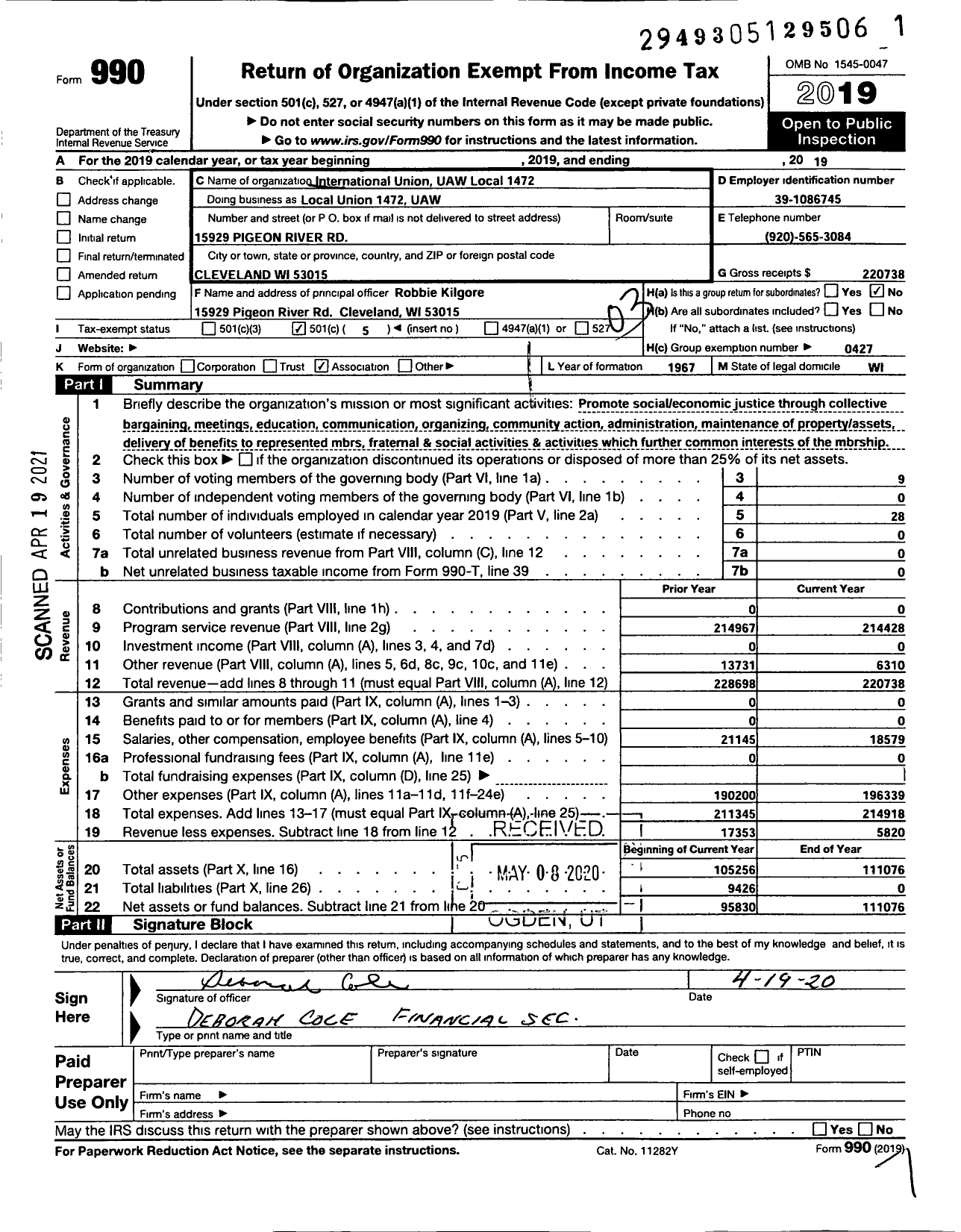 Image of first page of 2019 Form 990 for UAW - International Union UAW Local 1472