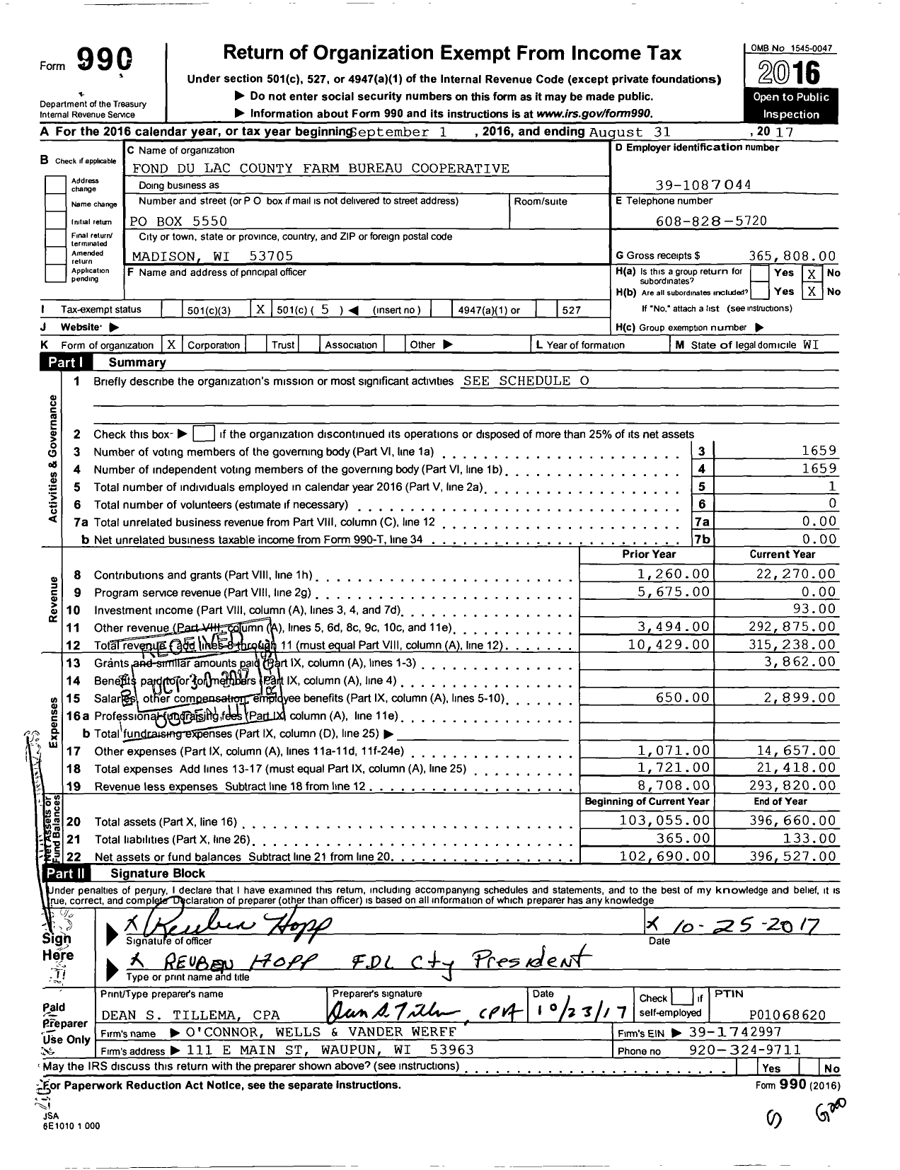 Image of first page of 2016 Form 990O for Fond Du Lac County Farm Bureau Cooperative