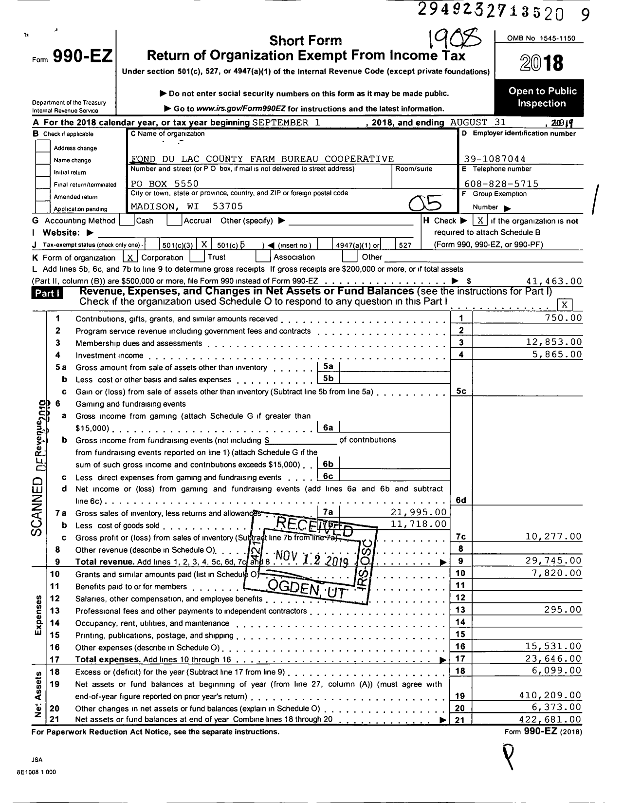 Image of first page of 2018 Form 990EO for Fond Du Lac County Farm Bureau Cooperative