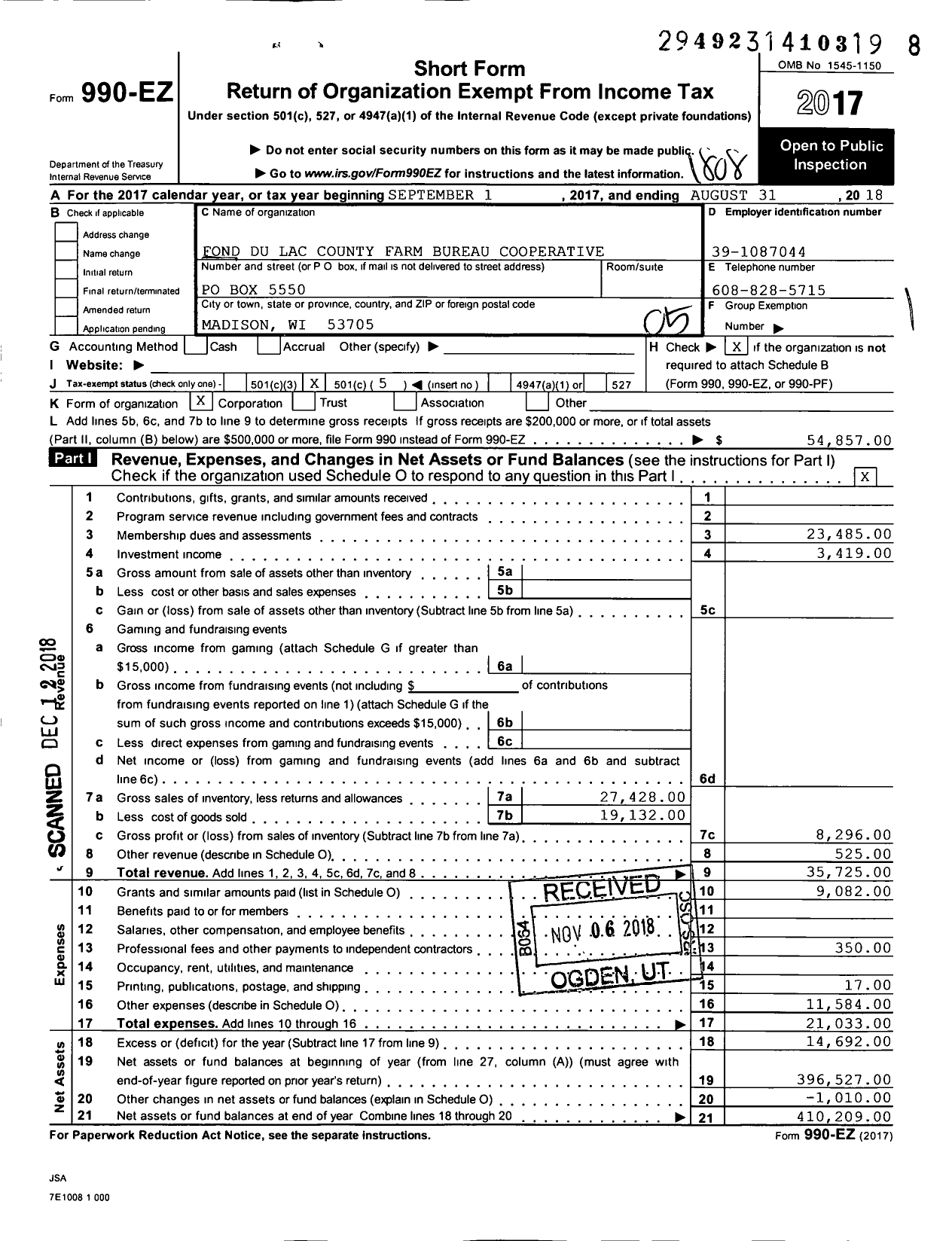 Image of first page of 2017 Form 990EO for Fond Du Lac County Farm Bureau Cooperative