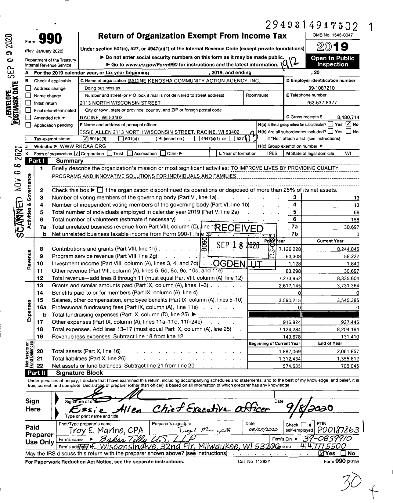 Image of first page of 2019 Form 990 for Racine Kenosha Community Action Agency