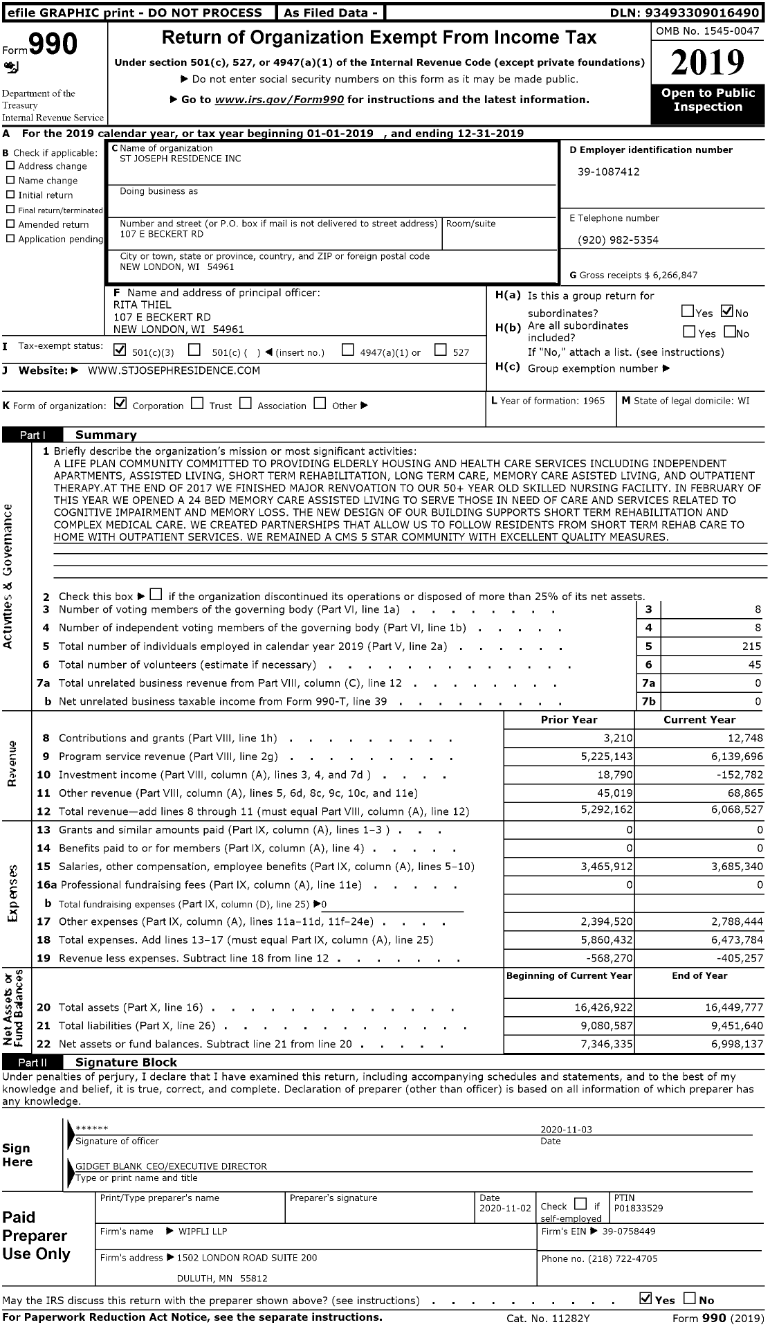 Image of first page of 2019 Form 990 for St. Joseph Residence