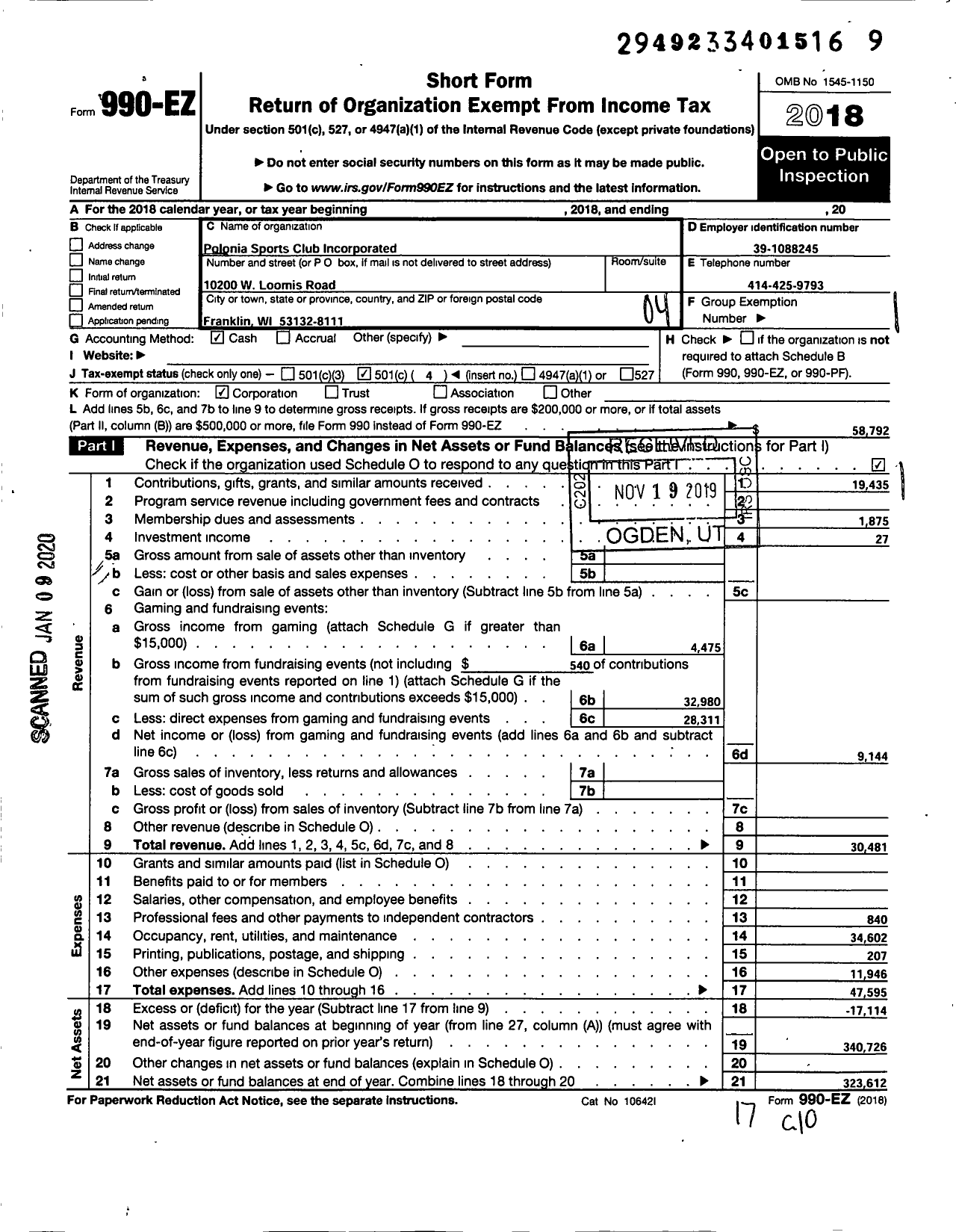 Image of first page of 2018 Form 990EO for Polonia Sports Club Incorporated