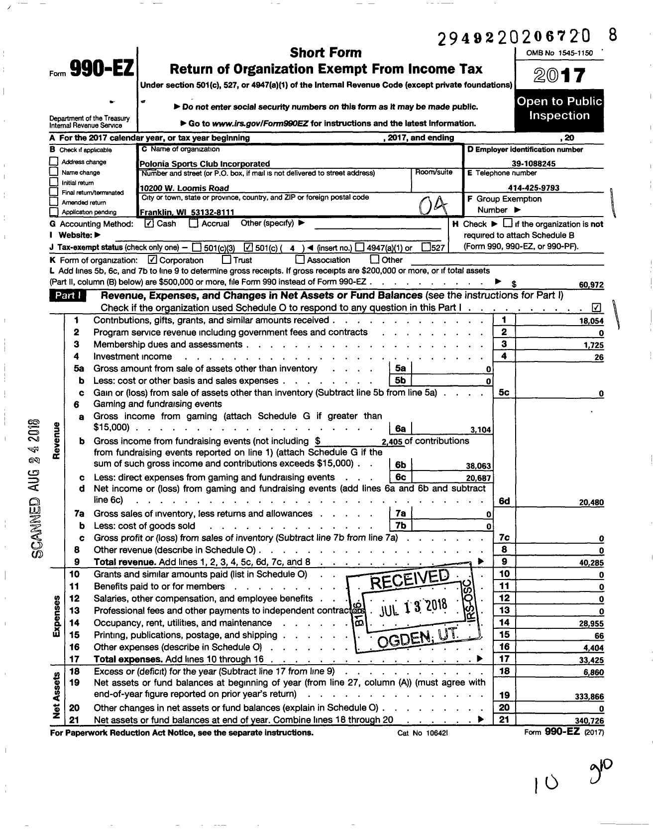 Image of first page of 2017 Form 990EO for Polonia Sports Club Incorporated