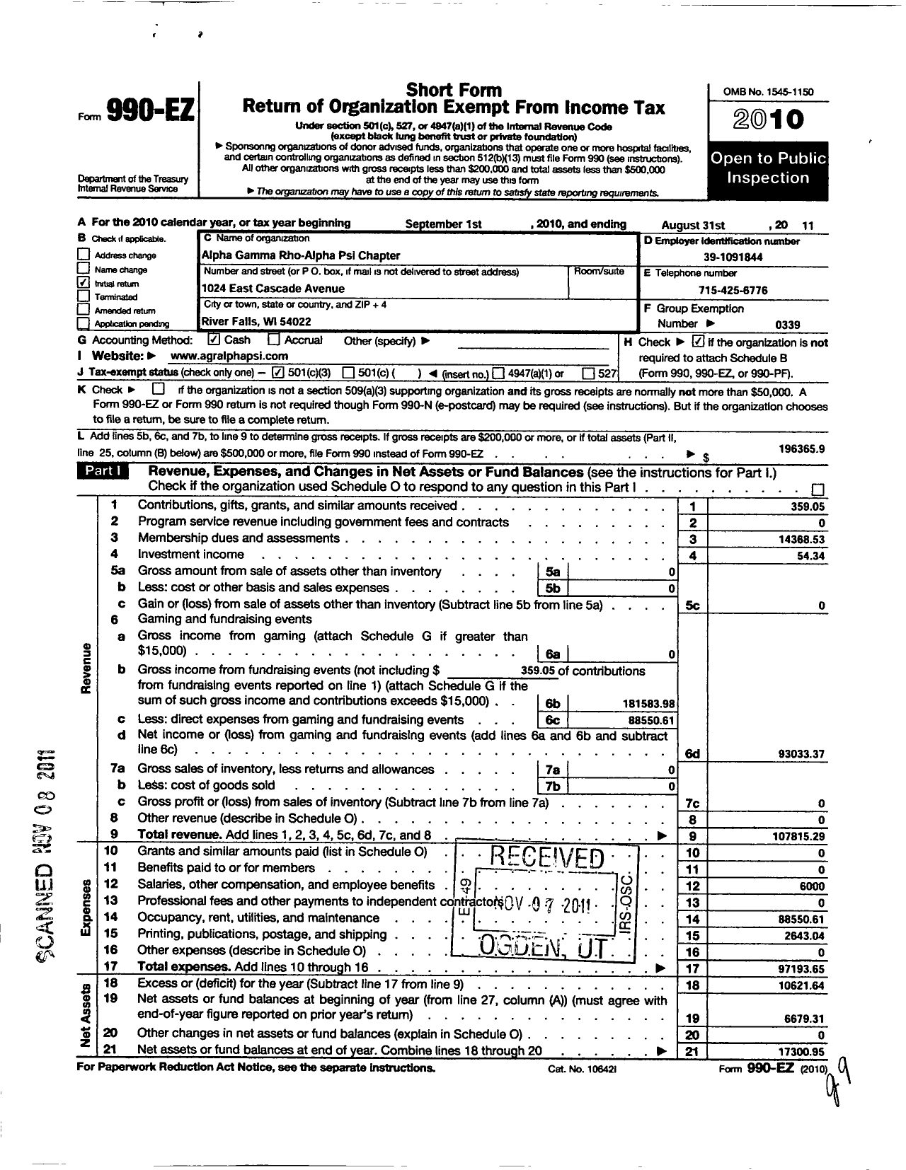 Image of first page of 2010 Form 990EZ for Alpha Gamma Rho Fraternity / Alpha Psi Chapter