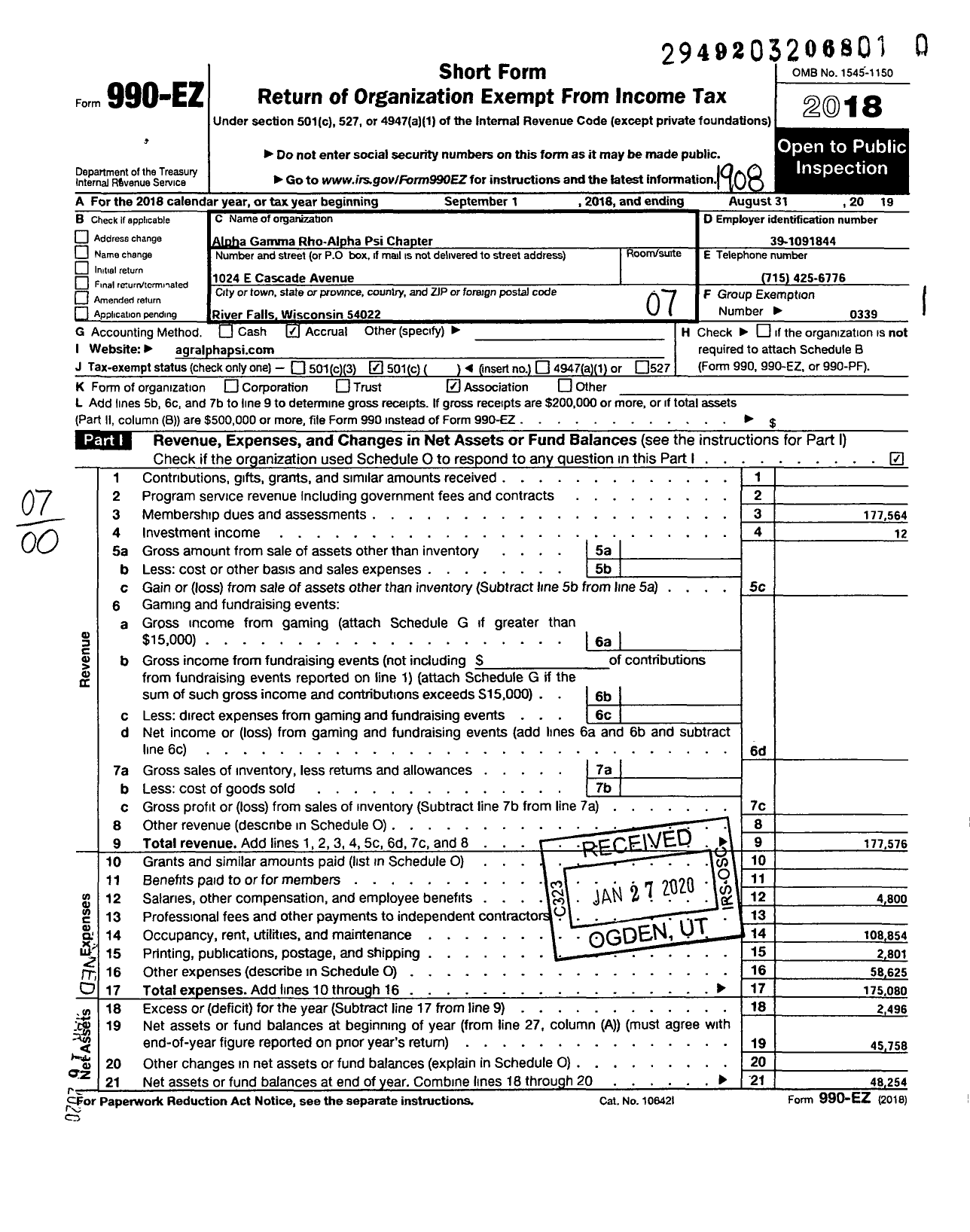 Image of first page of 2018 Form 990EO for Alpha Gamma Rho Fraternity / Alpha Psi Chapter