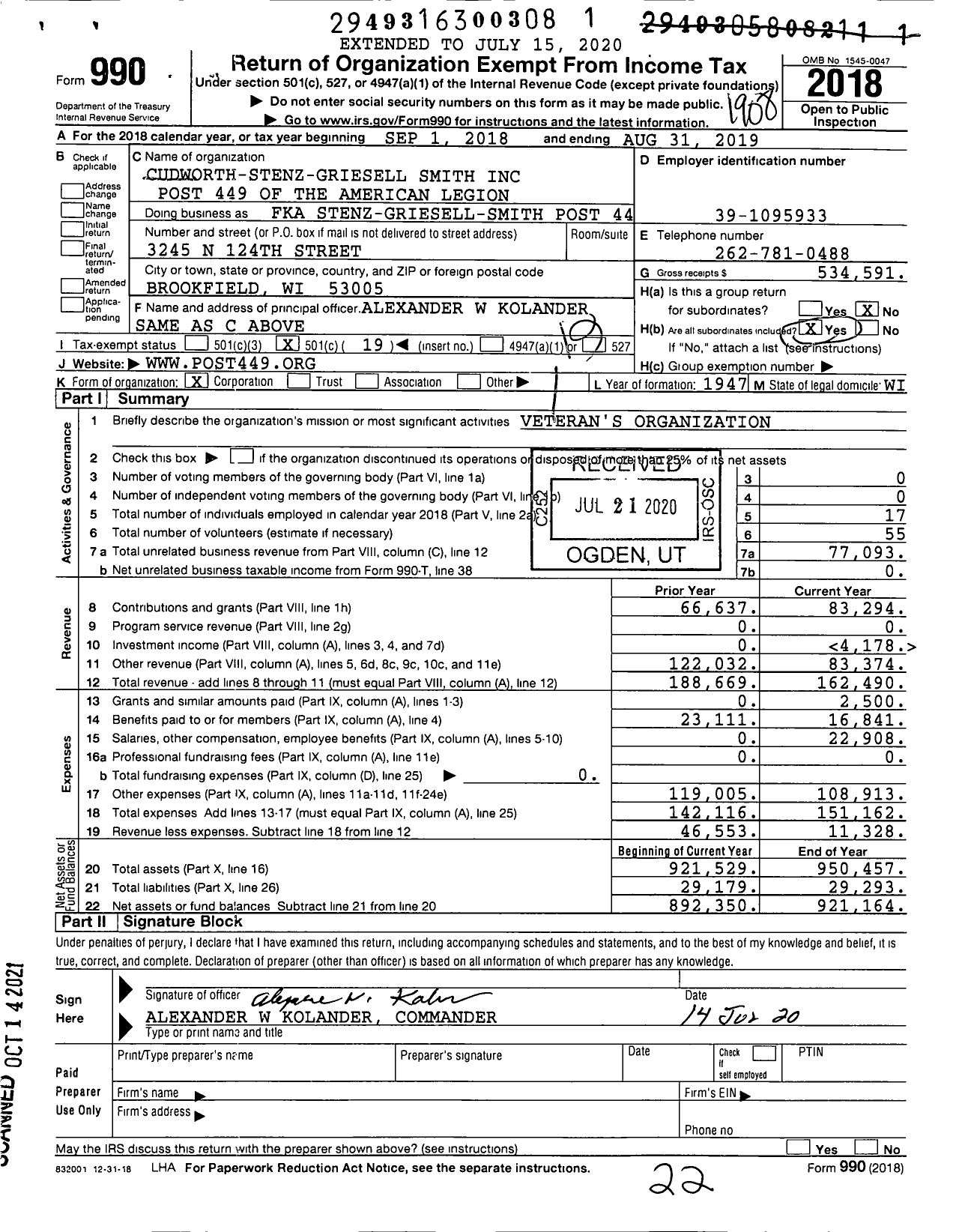 Image of first page of 2018 Form 990O for Cudworth Stenz Griesell Smith Post 449 American Legion of Wi