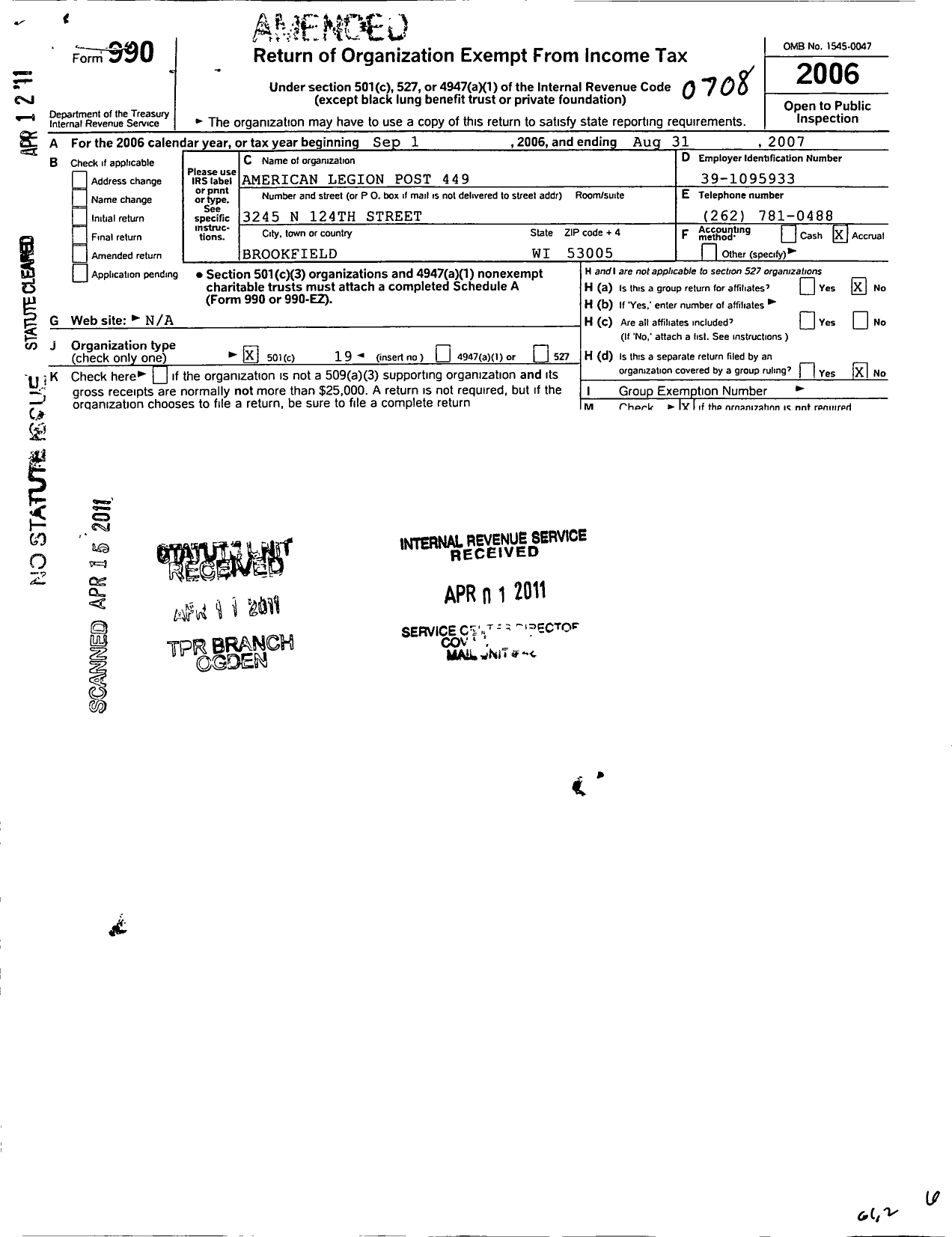 Image of first page of 2006 Form 990O for Cudworth Stenz Griesell Smith Post 449 American Legion of Wi