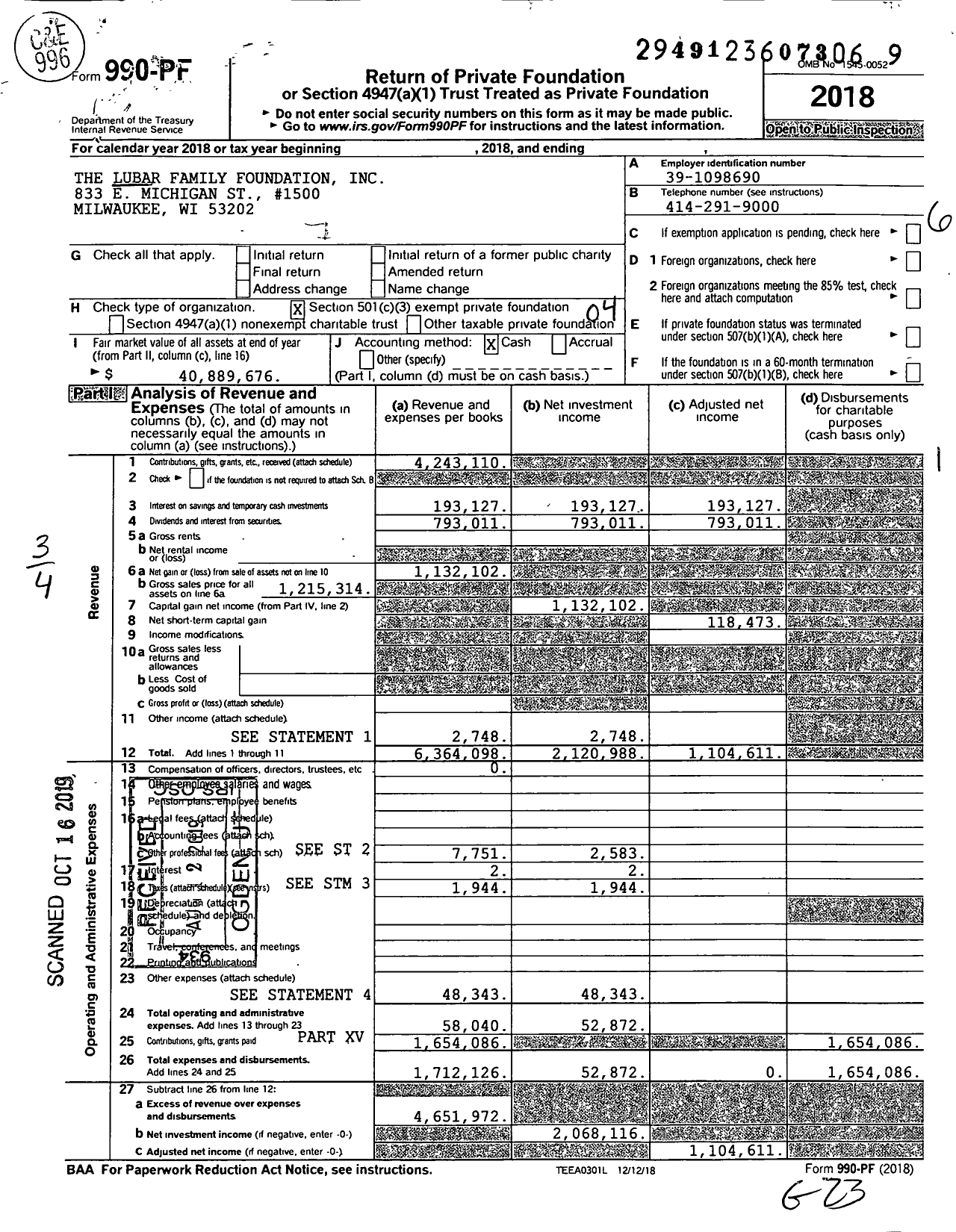 Image of first page of 2018 Form 990PF for The Lubar Family Foundation