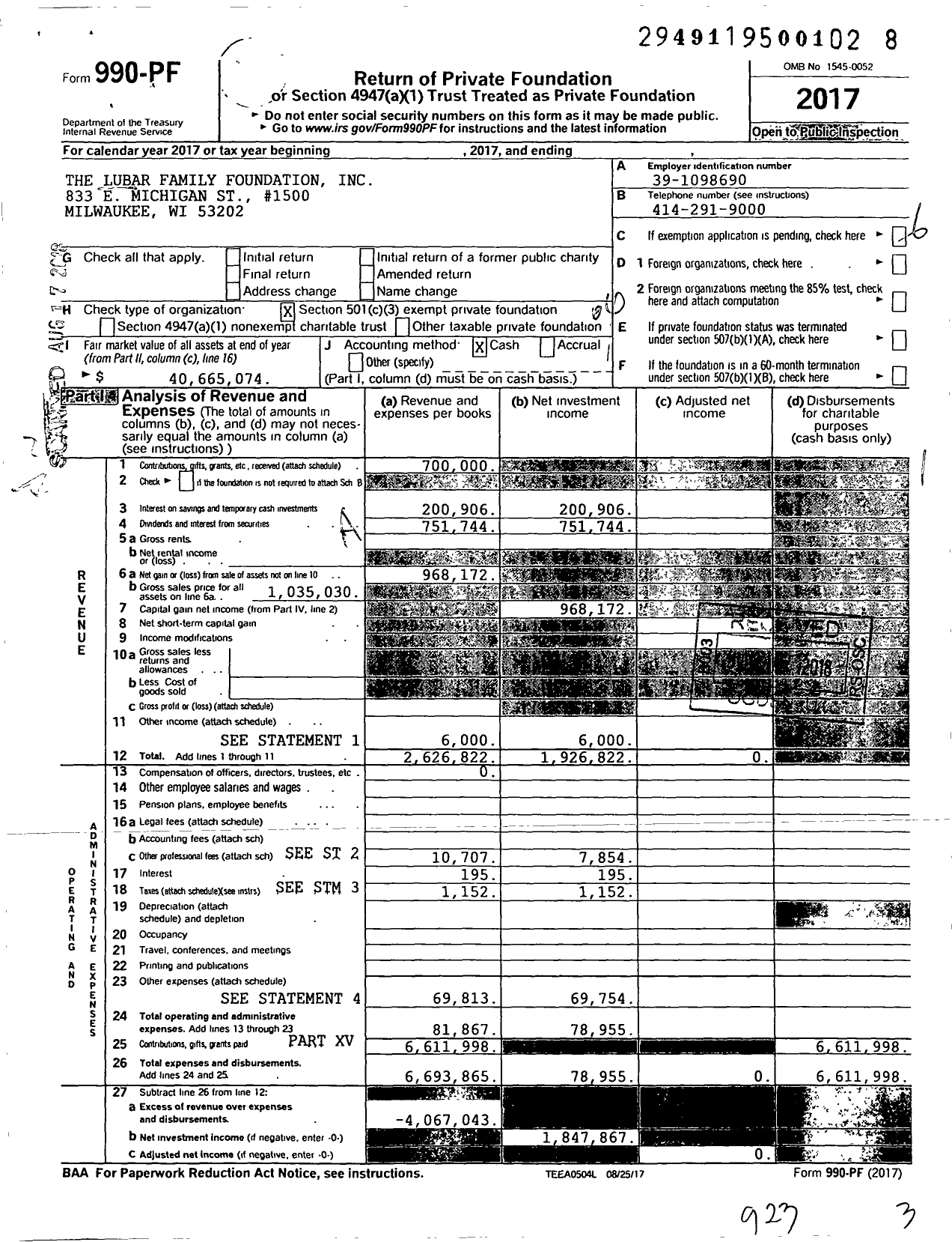 Image of first page of 2017 Form 990PF for The Lubar Family Foundation