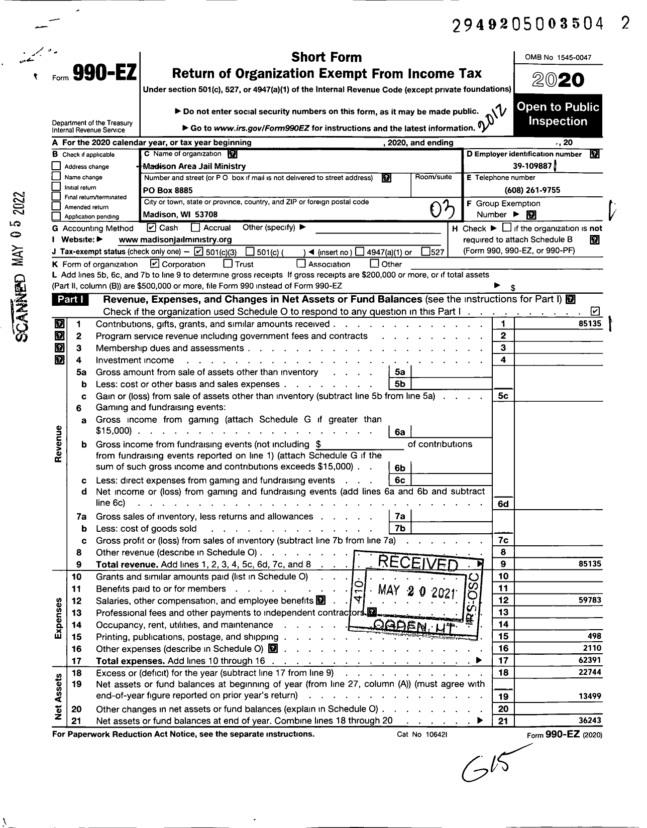 Image of first page of 2020 Form 990EZ for Madison Area Jail Ministry