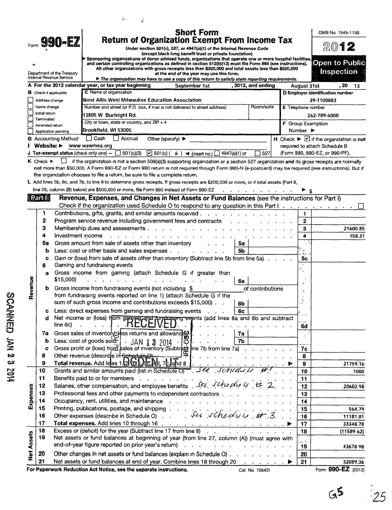 Image of first page of 2012 Form 990EO for West Allis-West Milwaukee Education Association