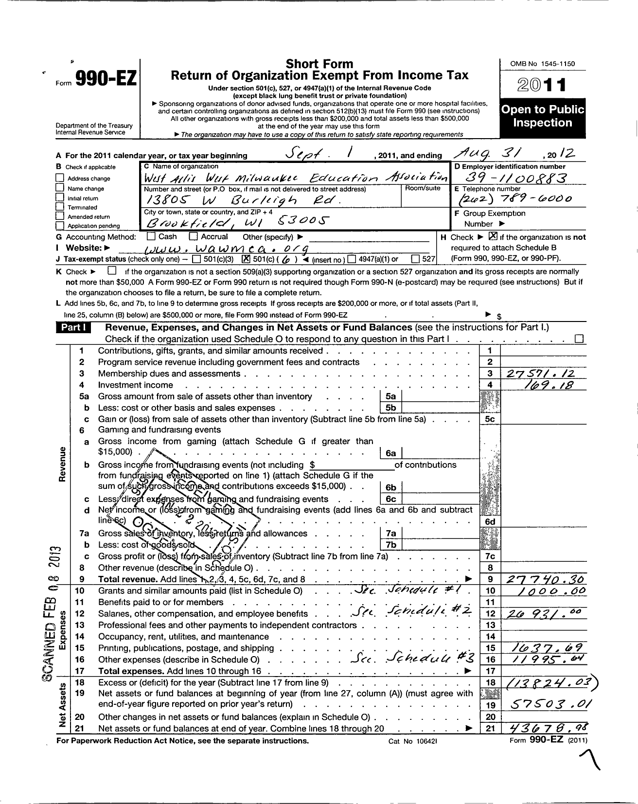 Image of first page of 2011 Form 990EO for West Allis-West Milwaukee Education Association