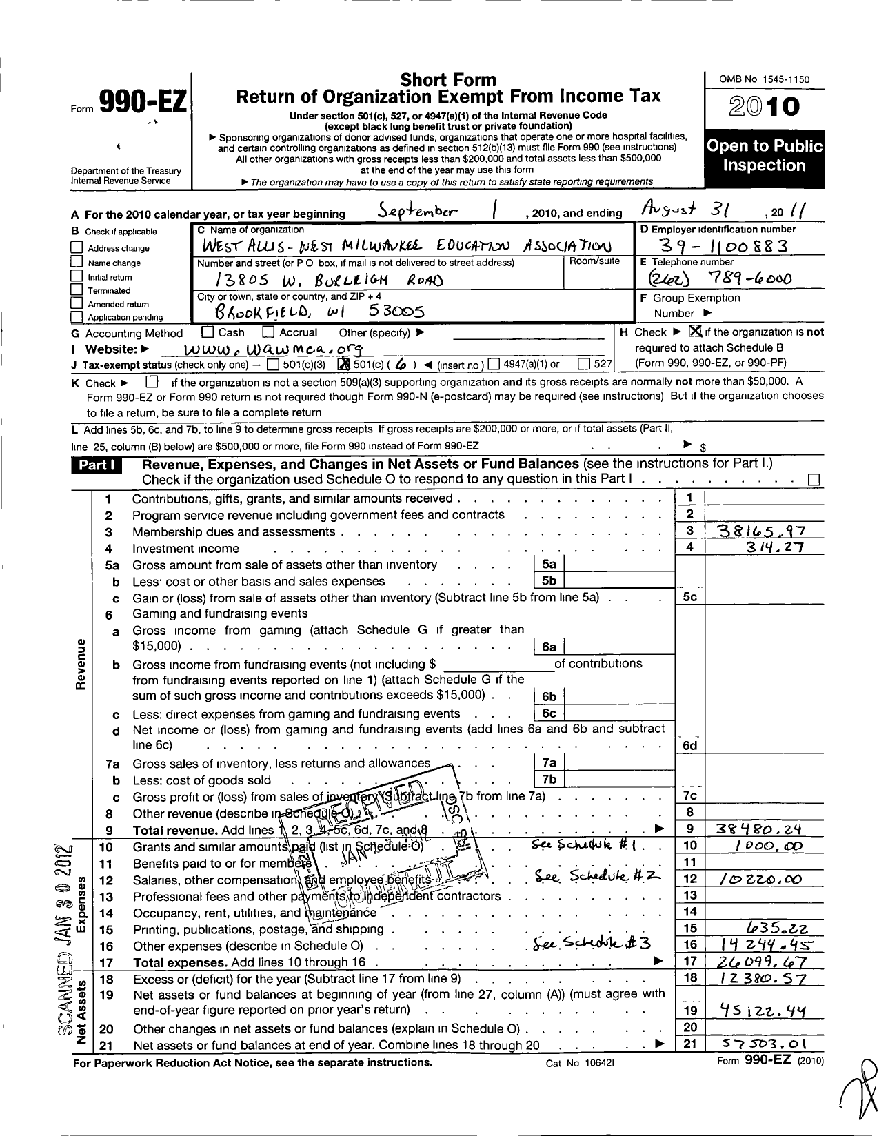 Image of first page of 2010 Form 990EO for West Allis-West Milwaukee Education Association