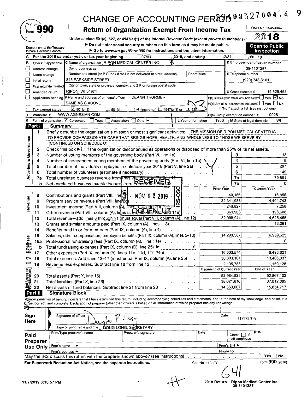 Image of first page of 2018 Form 990 for Ripon Medical Center