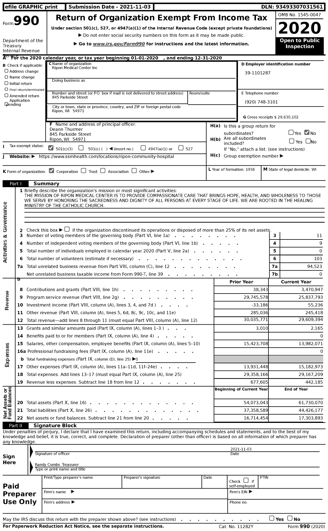 Image of first page of 2020 Form 990 for Ripon Medical Center
