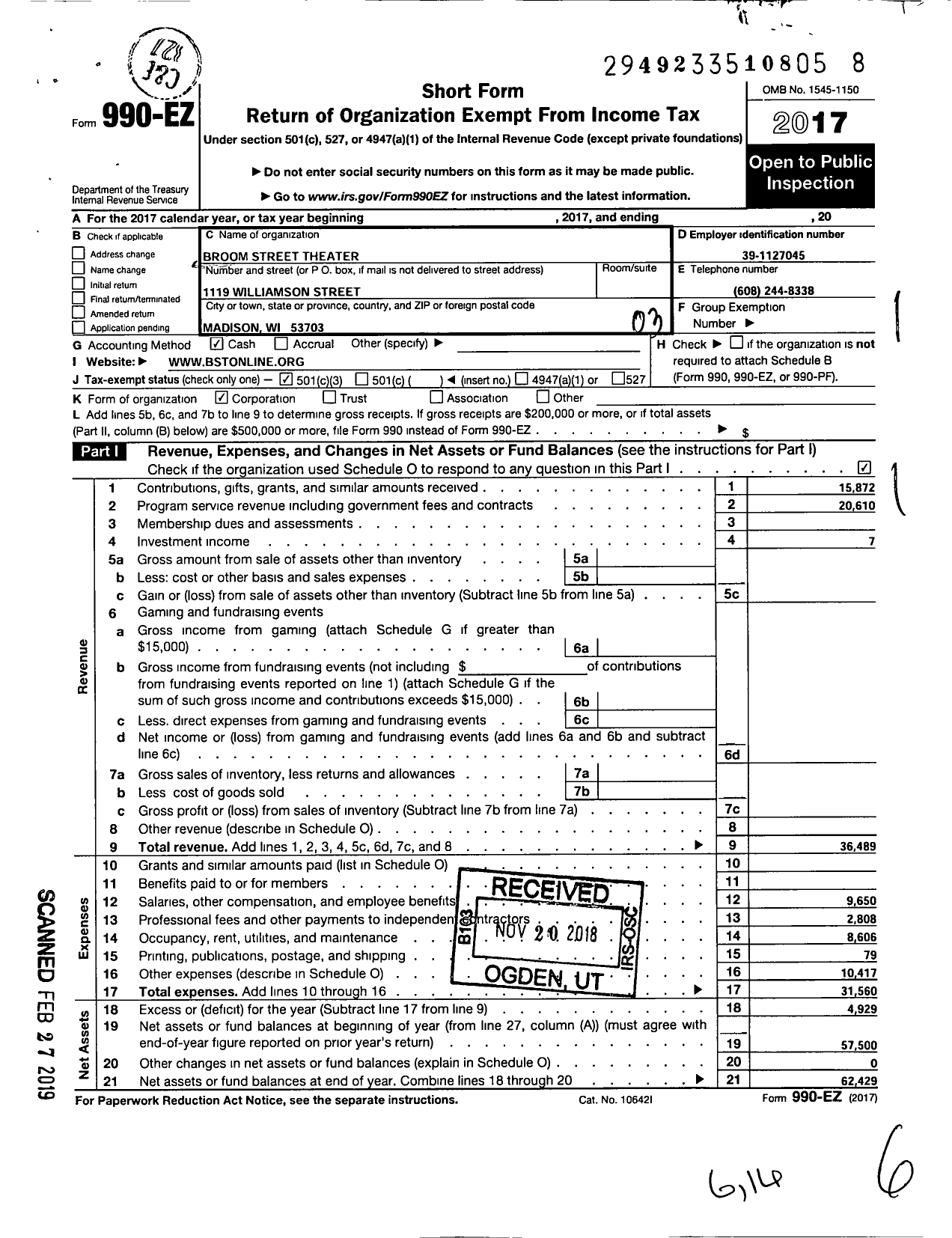 Image of first page of 2017 Form 990EZ for Broom Street Theater