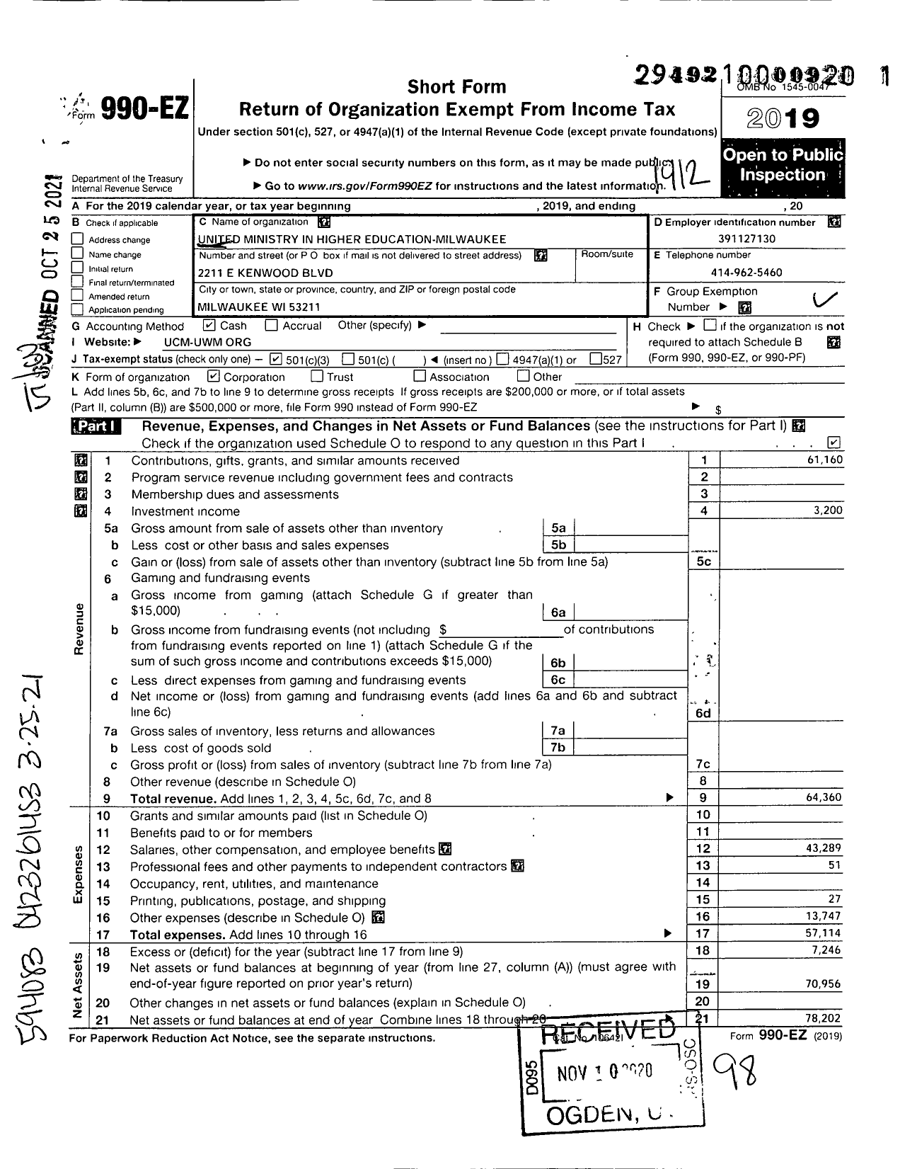 Image of first page of 2019 Form 990EZ for United Ministry in Higher Education Milwaukee