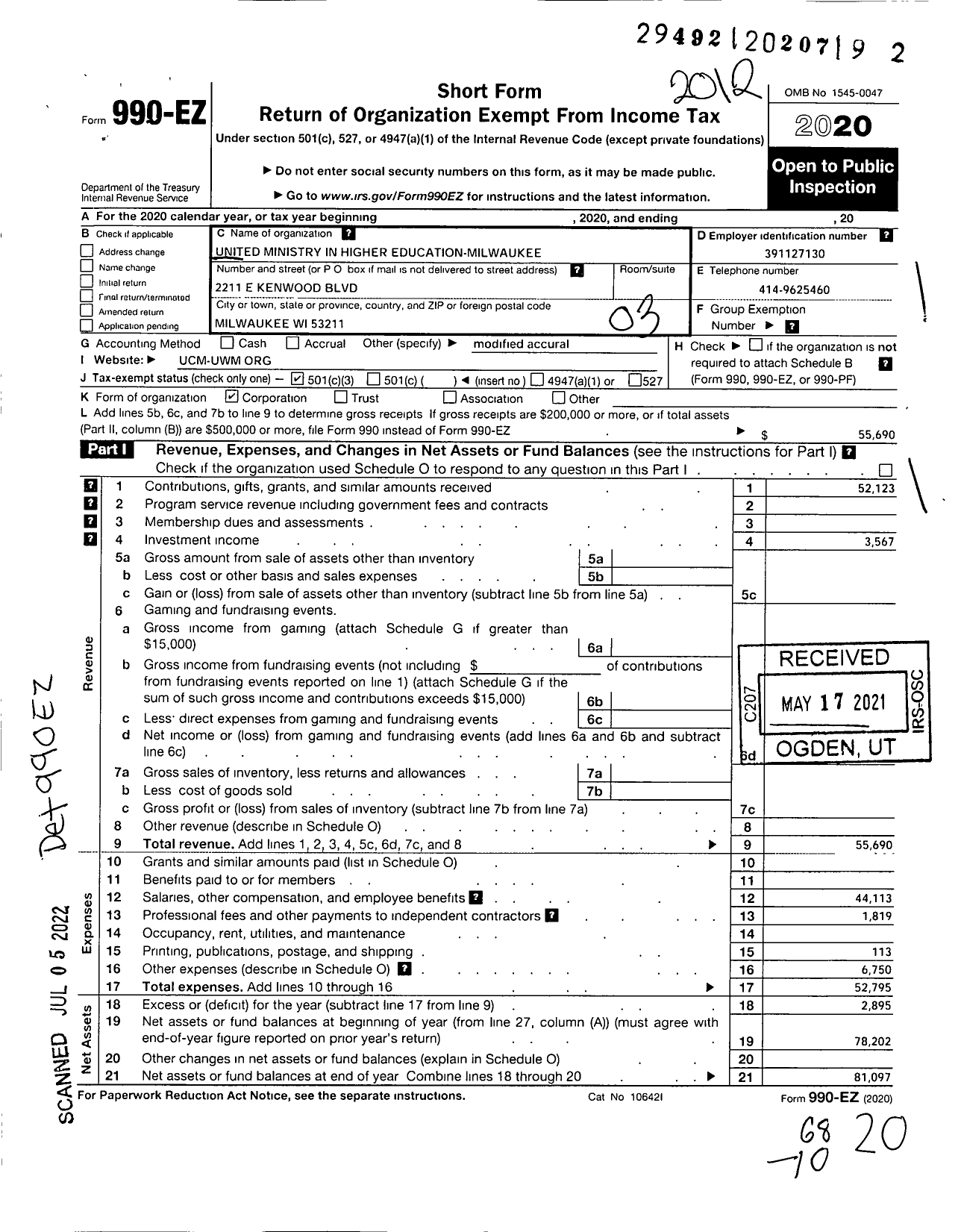 Image of first page of 2020 Form 990EZ for United Ministry in Higher Education Milwaukee