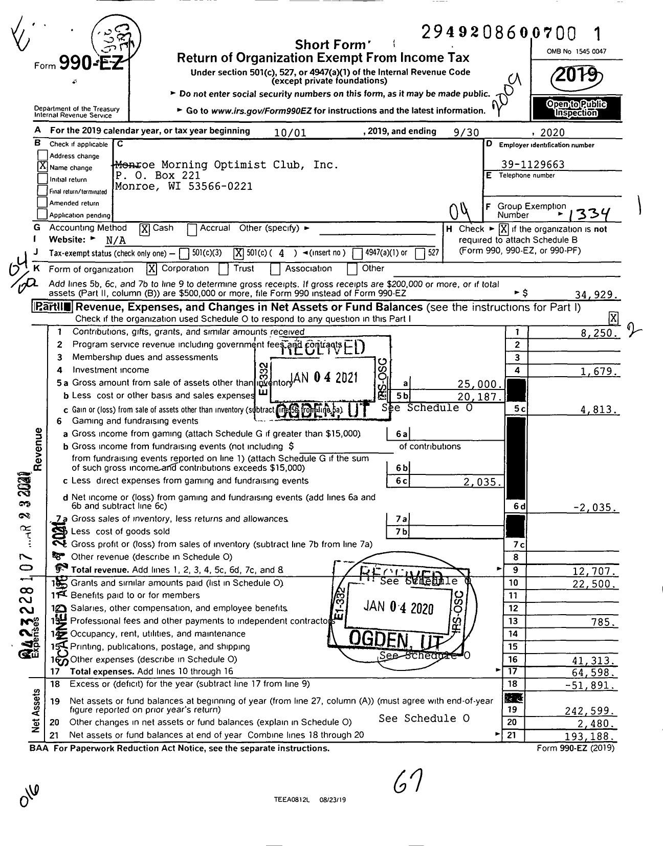 Image of first page of 2019 Form 990EO for Optimist International - Monroe Morning Optimist Club