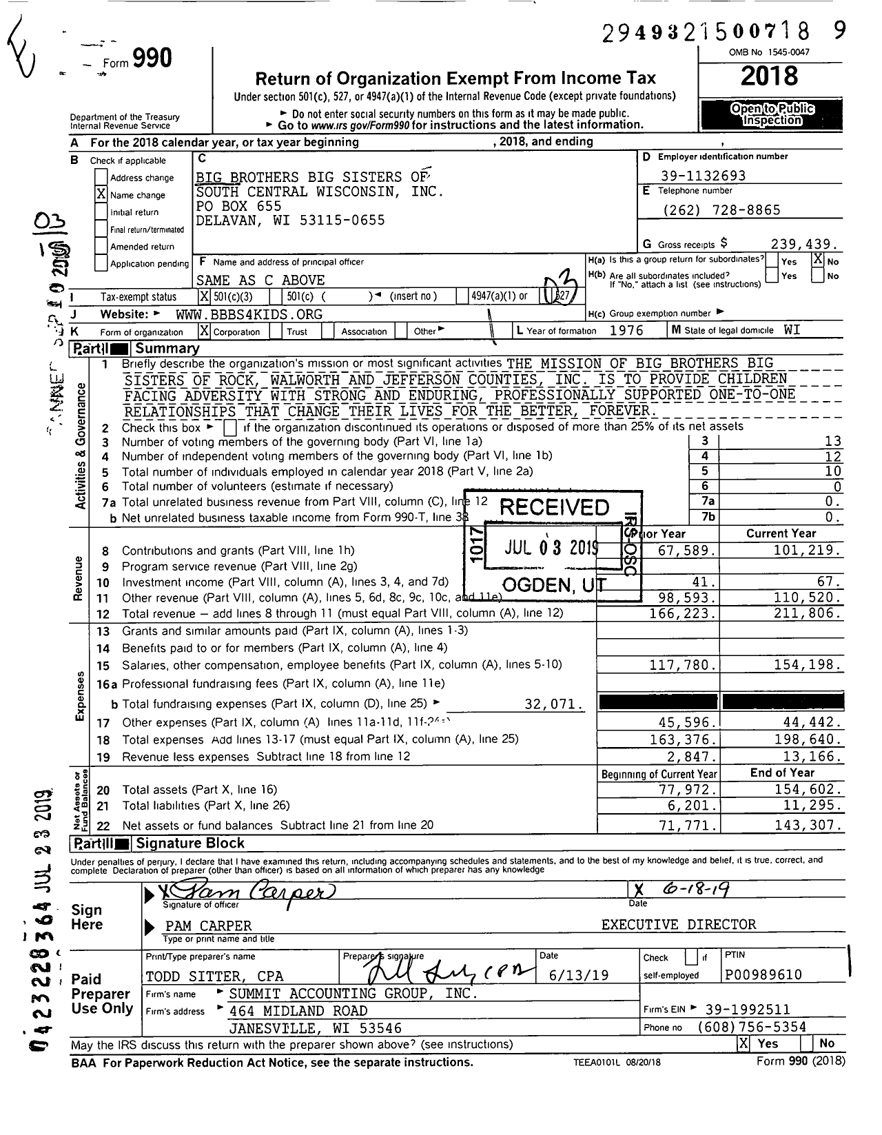 Image of first page of 2018 Form 990 for Big Brothers Big Sisters of South Central Wisconsin