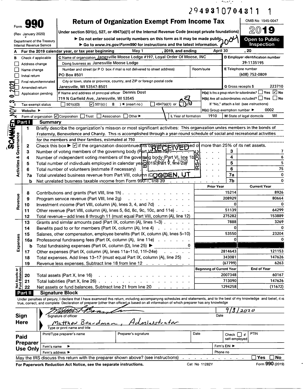 Image of first page of 2019 Form 990O for Loyal Order of Moose - Janesville Moose Lodge 197