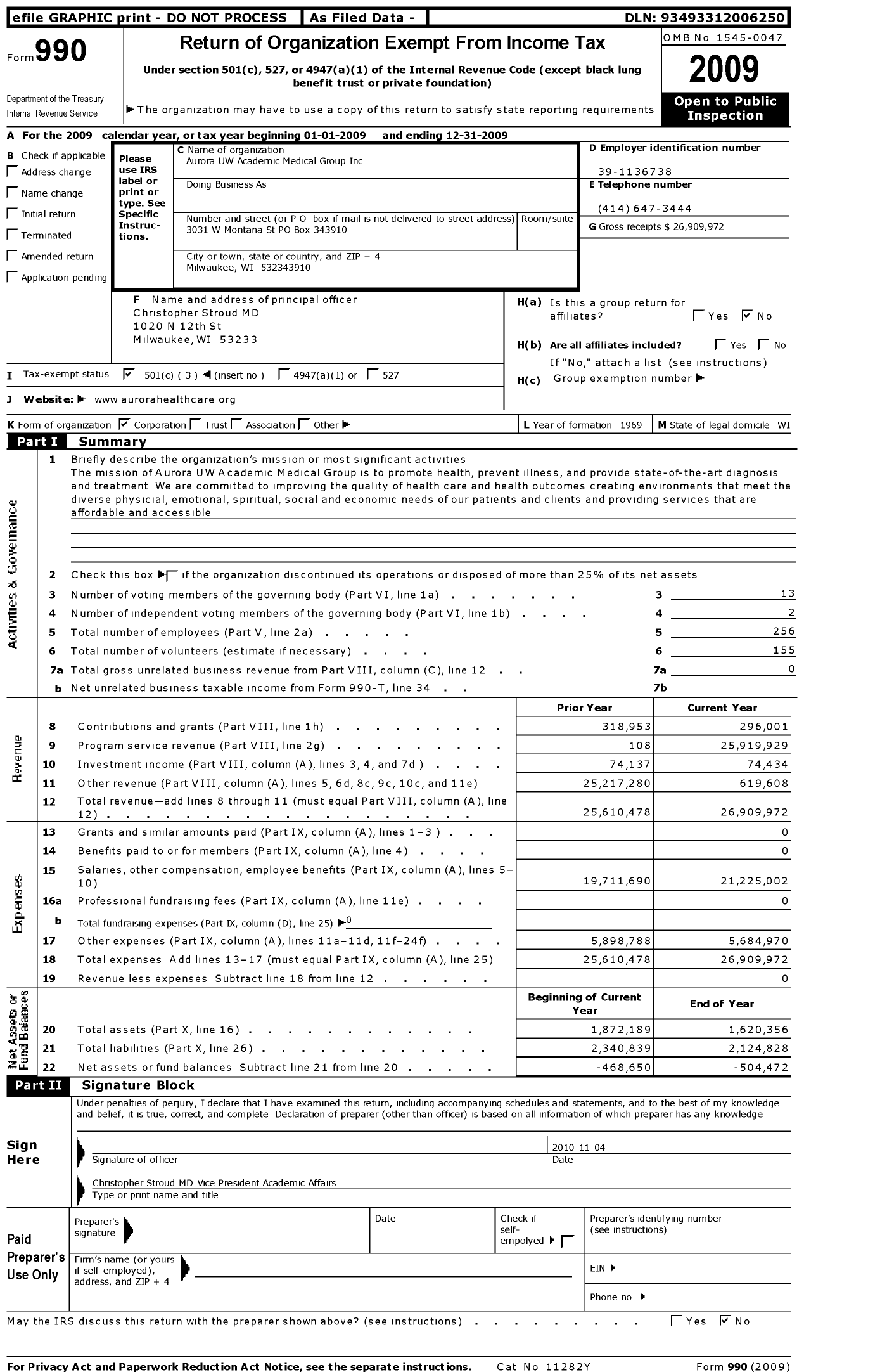 Image of first page of 2009 Form 990 for Aurora Uw Academic Medical Group