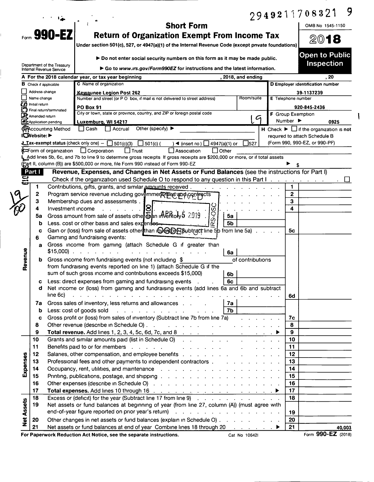 Image of first page of 2018 Form 990EO for American Legion - 262 Private Ralph Kline Wi Post