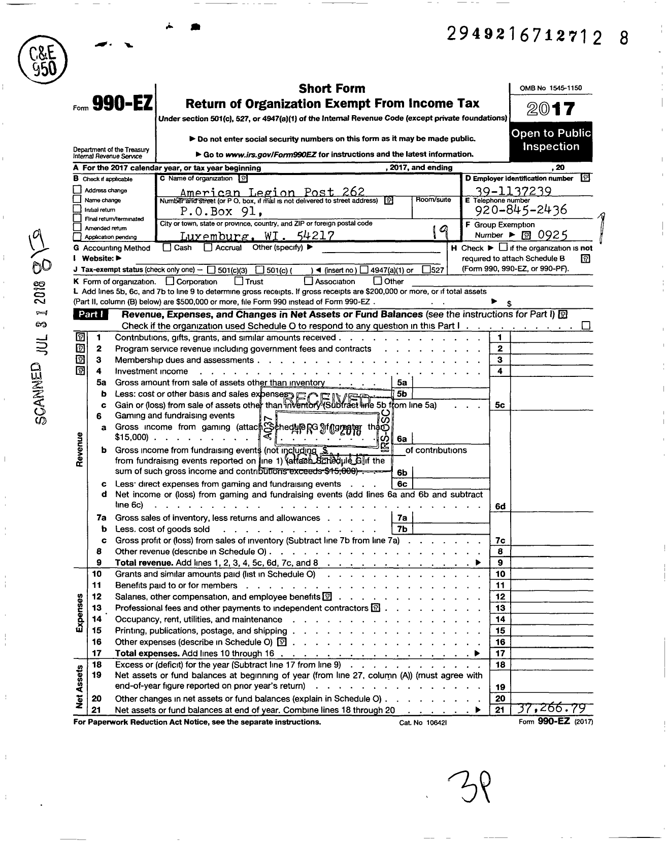 Image of first page of 2017 Form 990EO for American Legion - 262 Private Ralph Kline Wi Post