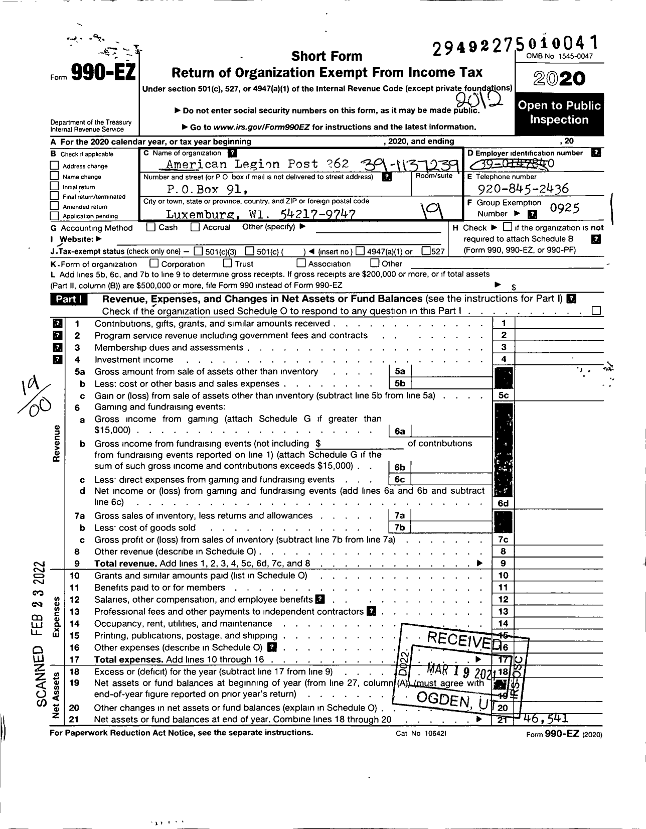 Image of first page of 2020 Form 990EO for American Legion - 262 Private Ralph Kline Wi Post