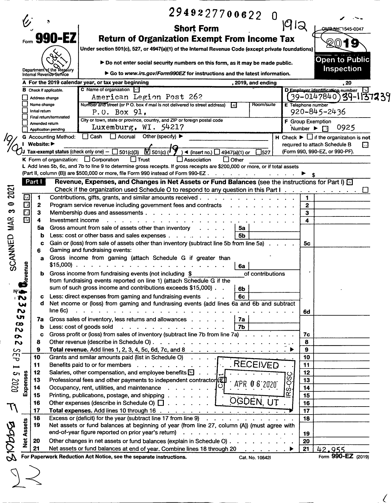 Image of first page of 2019 Form 990EO for American Legion - 262 Private Ralph Kline Wi Post