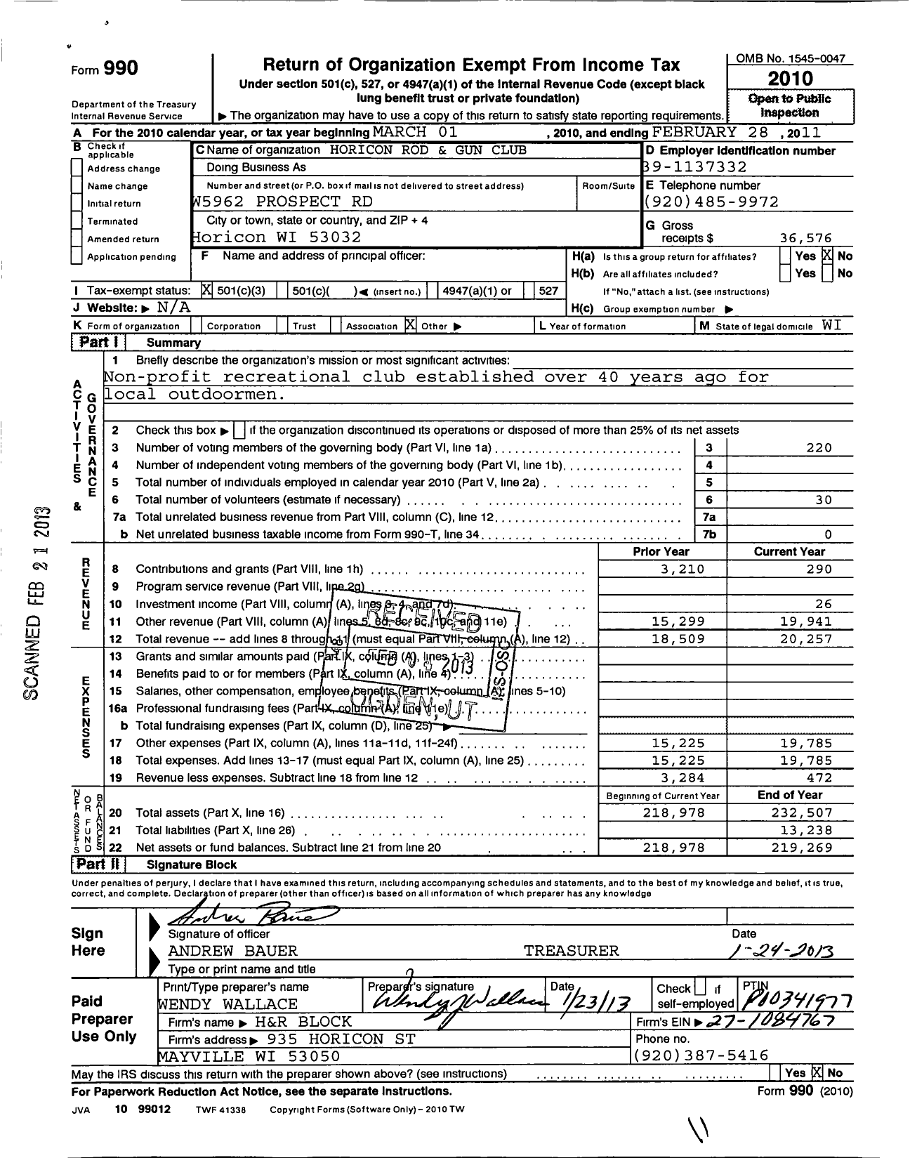 Image of first page of 2010 Form 990 for Horicon Rod and Gun Club