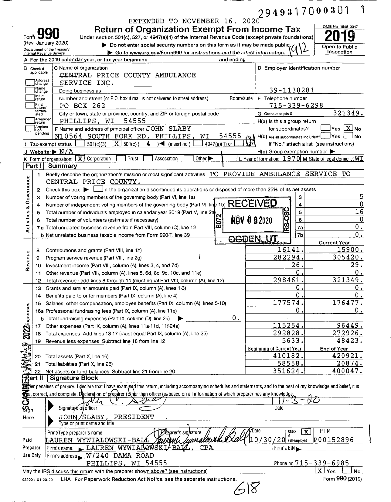 Image of first page of 2019 Form 990O for Central Price County Ambulance Service