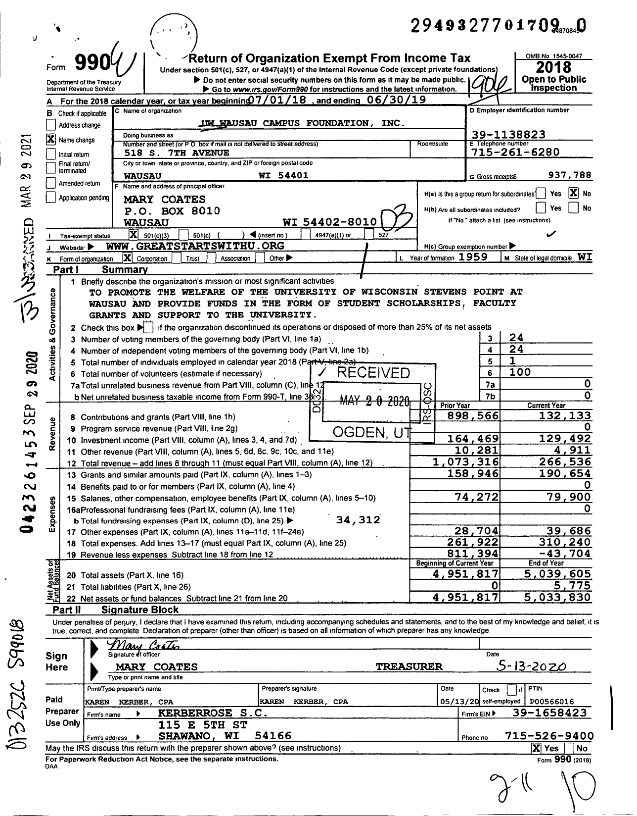 Image of first page of 2018 Form 990 for Uw Wausau Campus Foundation