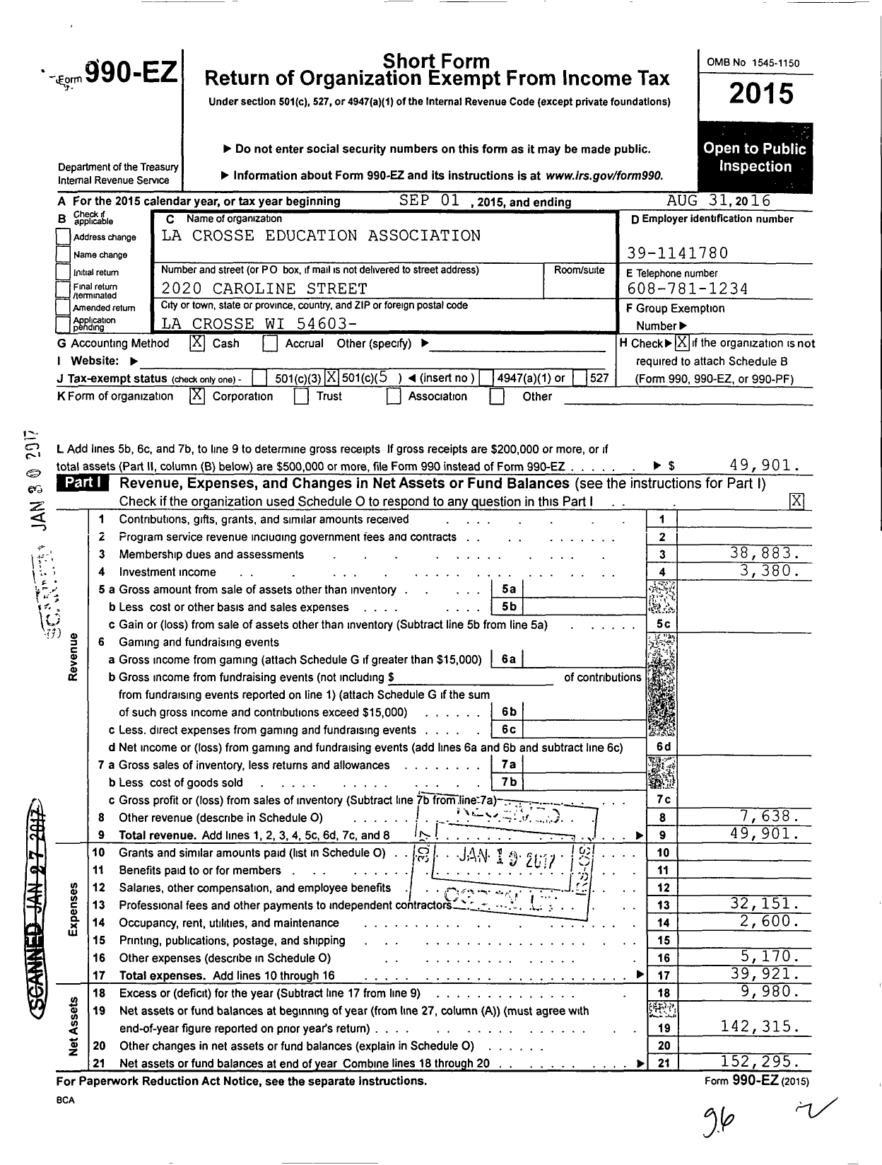 Image of first page of 2015 Form 990EO for Lacrosse Education Association