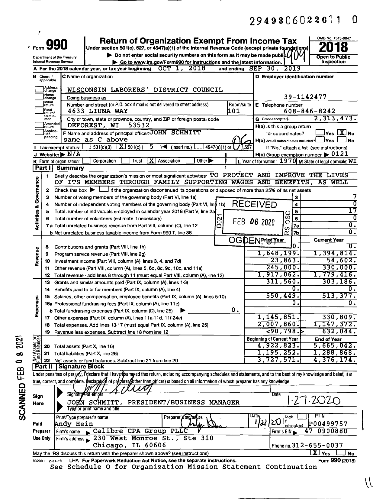 Image of first page of 2018 Form 990O for Laborers' International Union of North America - Wisconsin Laborers Dist Council