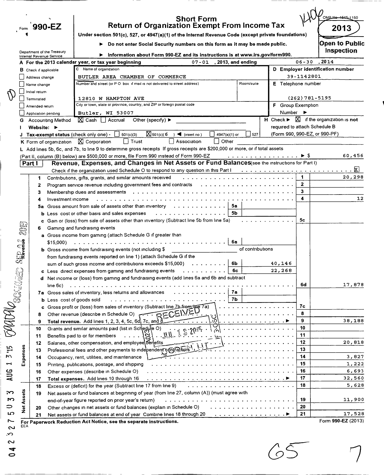 Image of first page of 2013 Form 990EO for Butler Area Chamber of Commerce