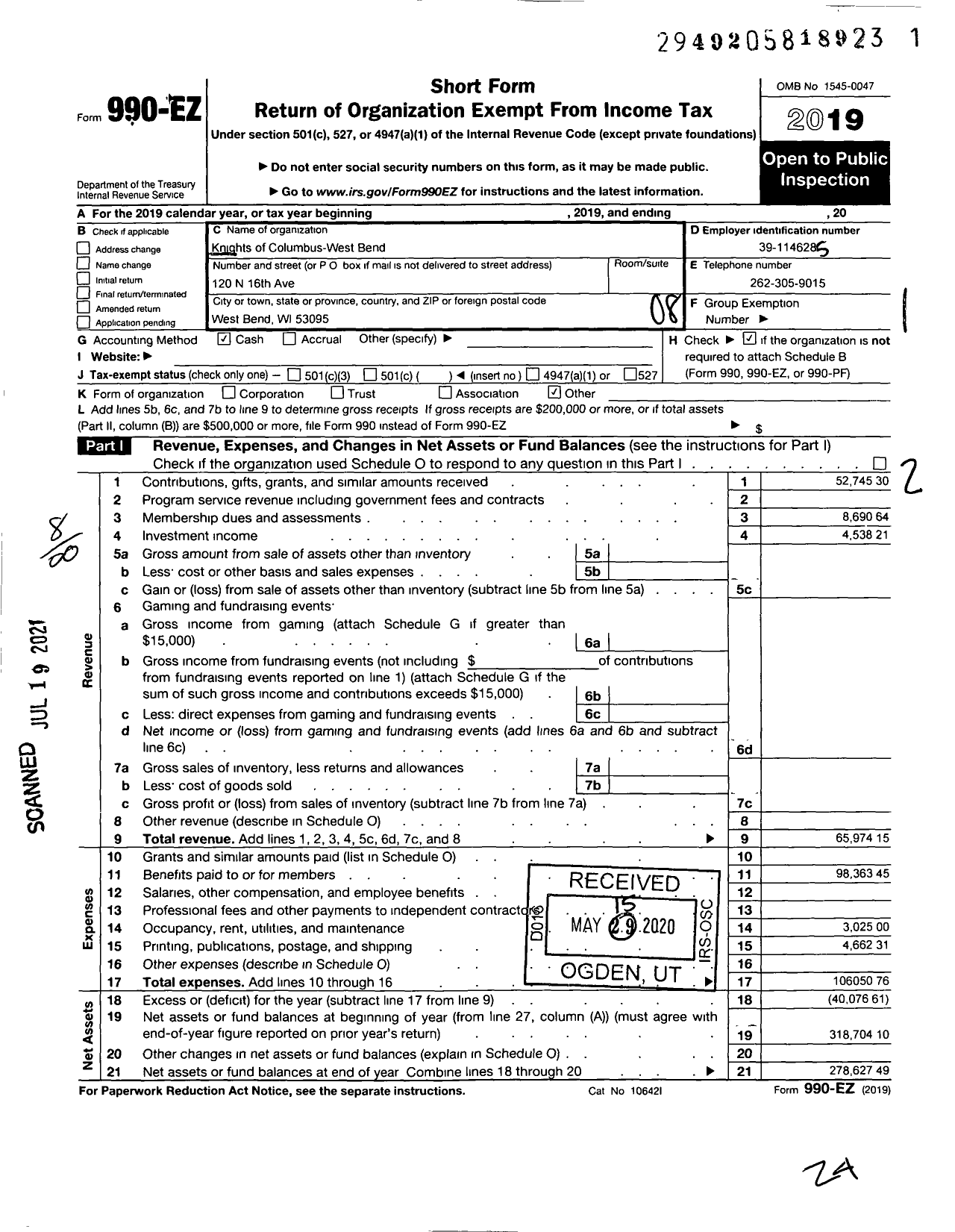 Image of first page of 2019 Form 990EO for Knights of Columbus - 1964 West Bend Council