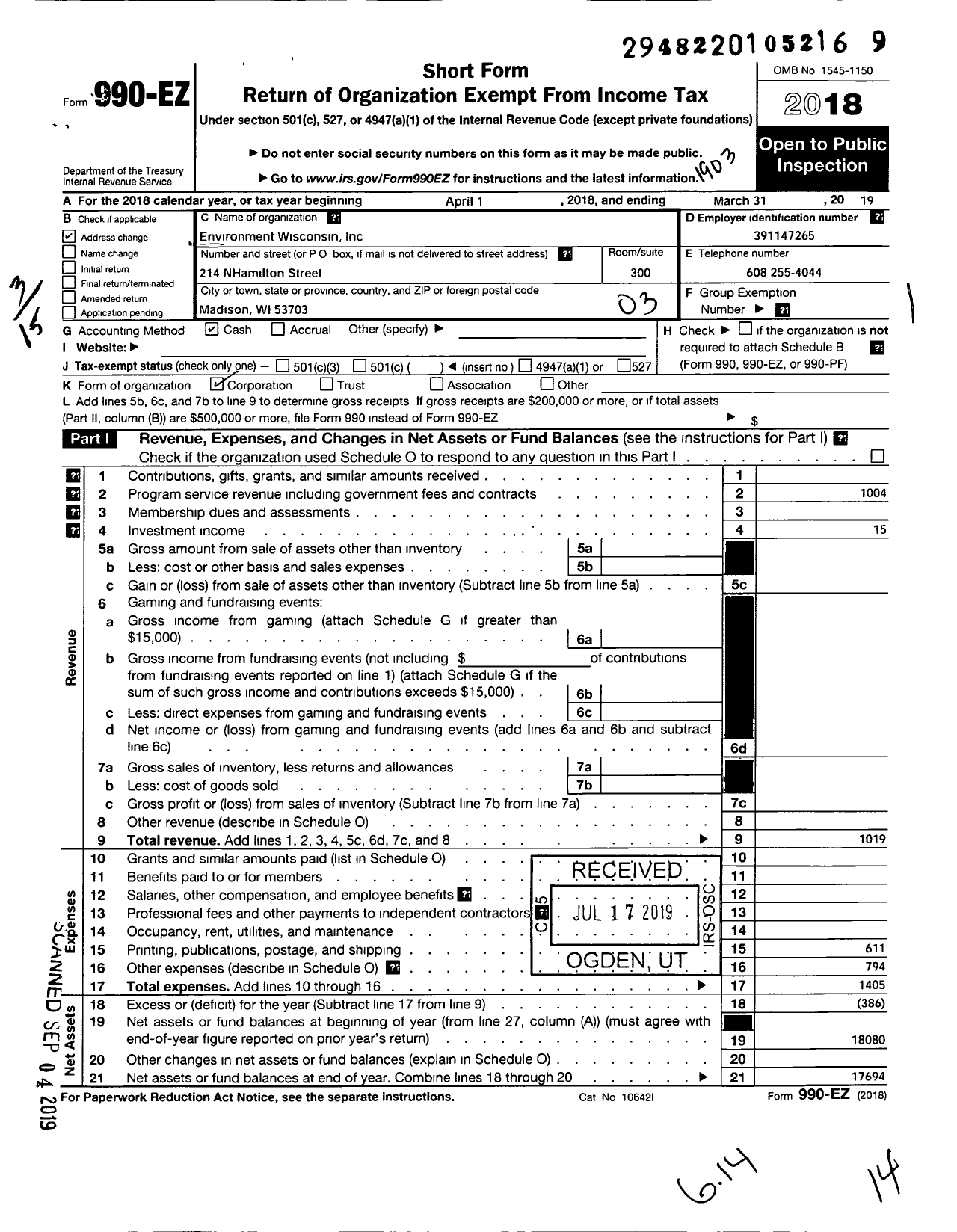 Image of first page of 2018 Form 990EZ for Environment Wisconsin Incorporated