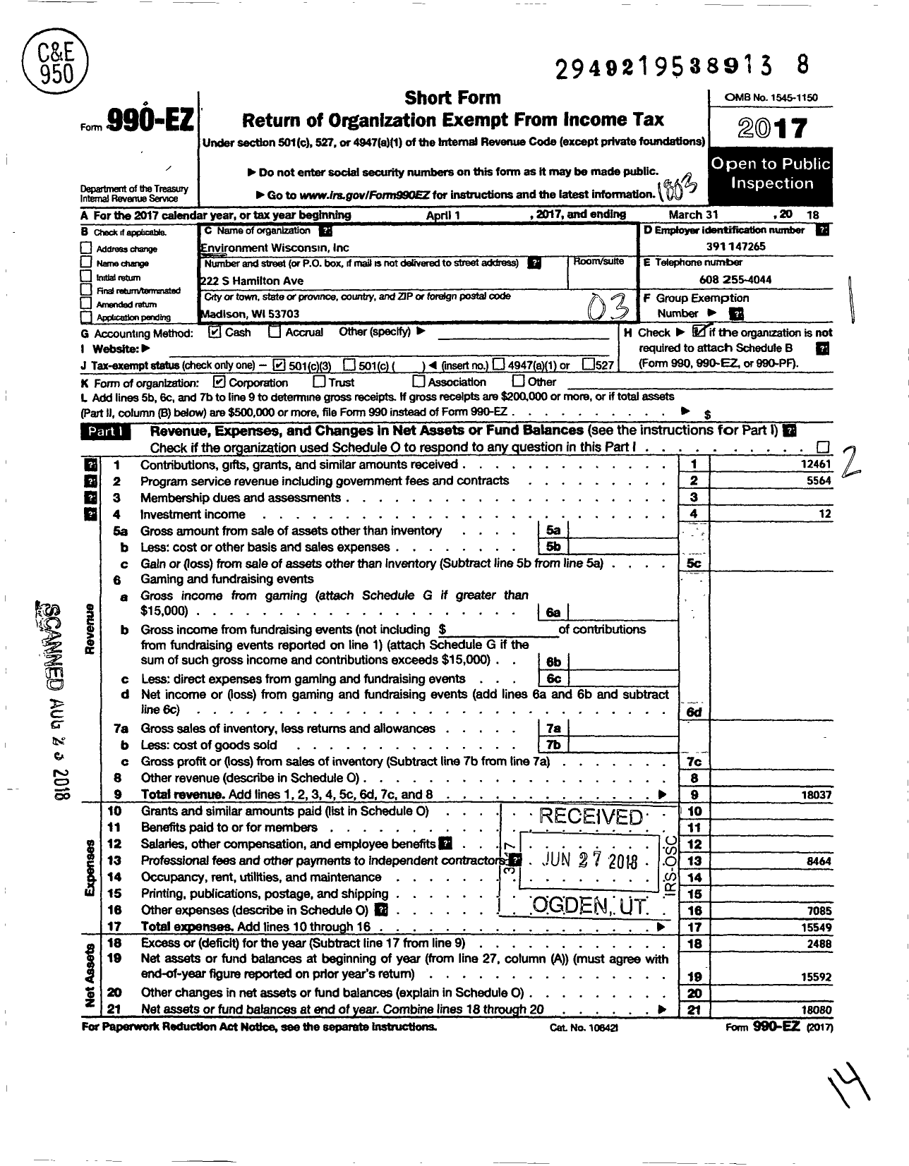 Image of first page of 2017 Form 990EZ for Environment Wisconsin Incorporated