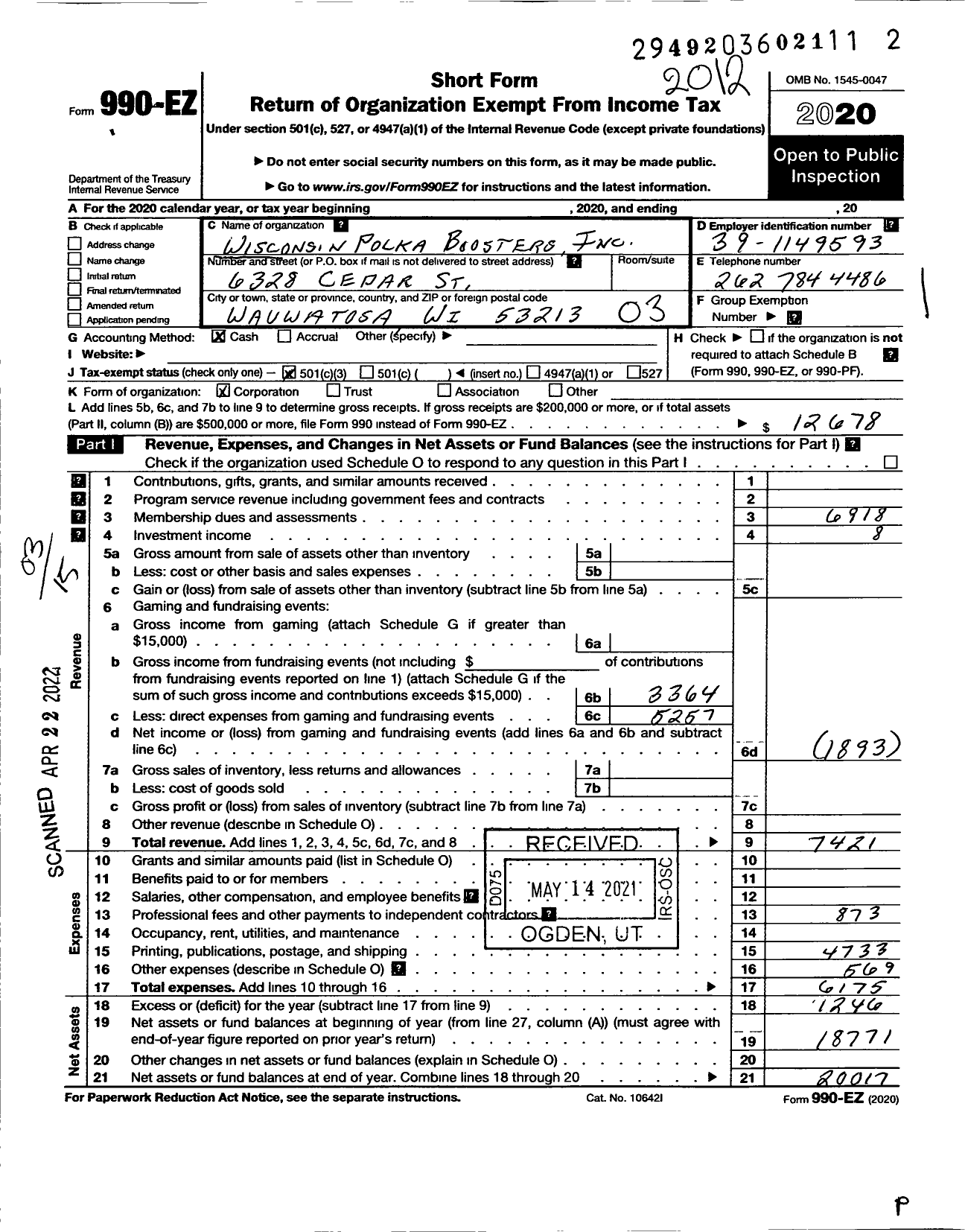 Image of first page of 2020 Form 990EZ for Wisconsin Polka Boosters