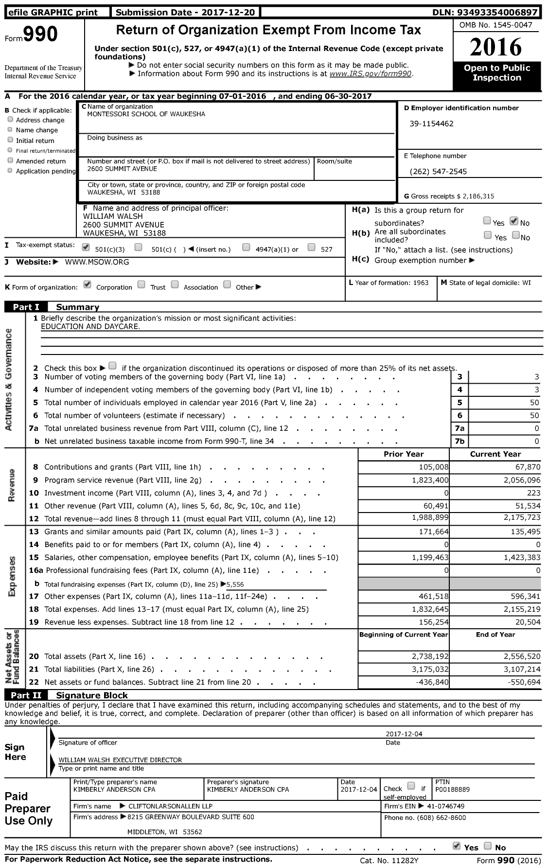Image of first page of 2016 Form 990 for Montessori School of Waukesha