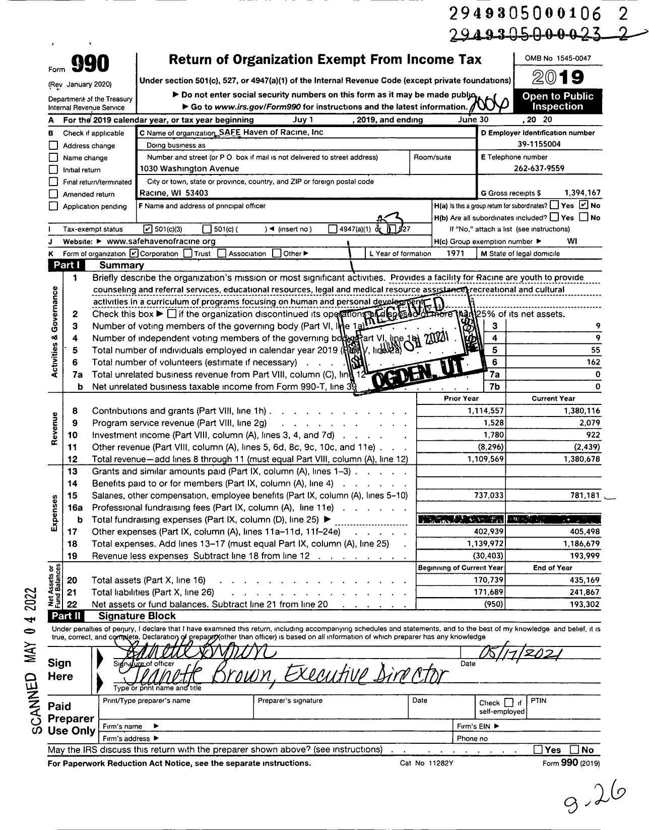 Image of first page of 2019 Form 990 for SAFE Haven of Racine