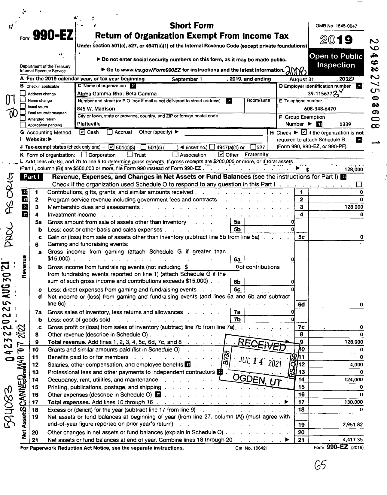 Image of first page of 2019 Form 990EO for Alpha Gamma Rho Fraternity - Beta Gamma Chapter