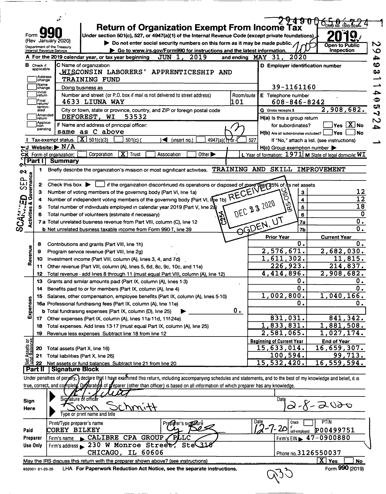 Image of first page of 2019 Form 990 for Wisconsin Laborers' Apprenticeship and Training Fund