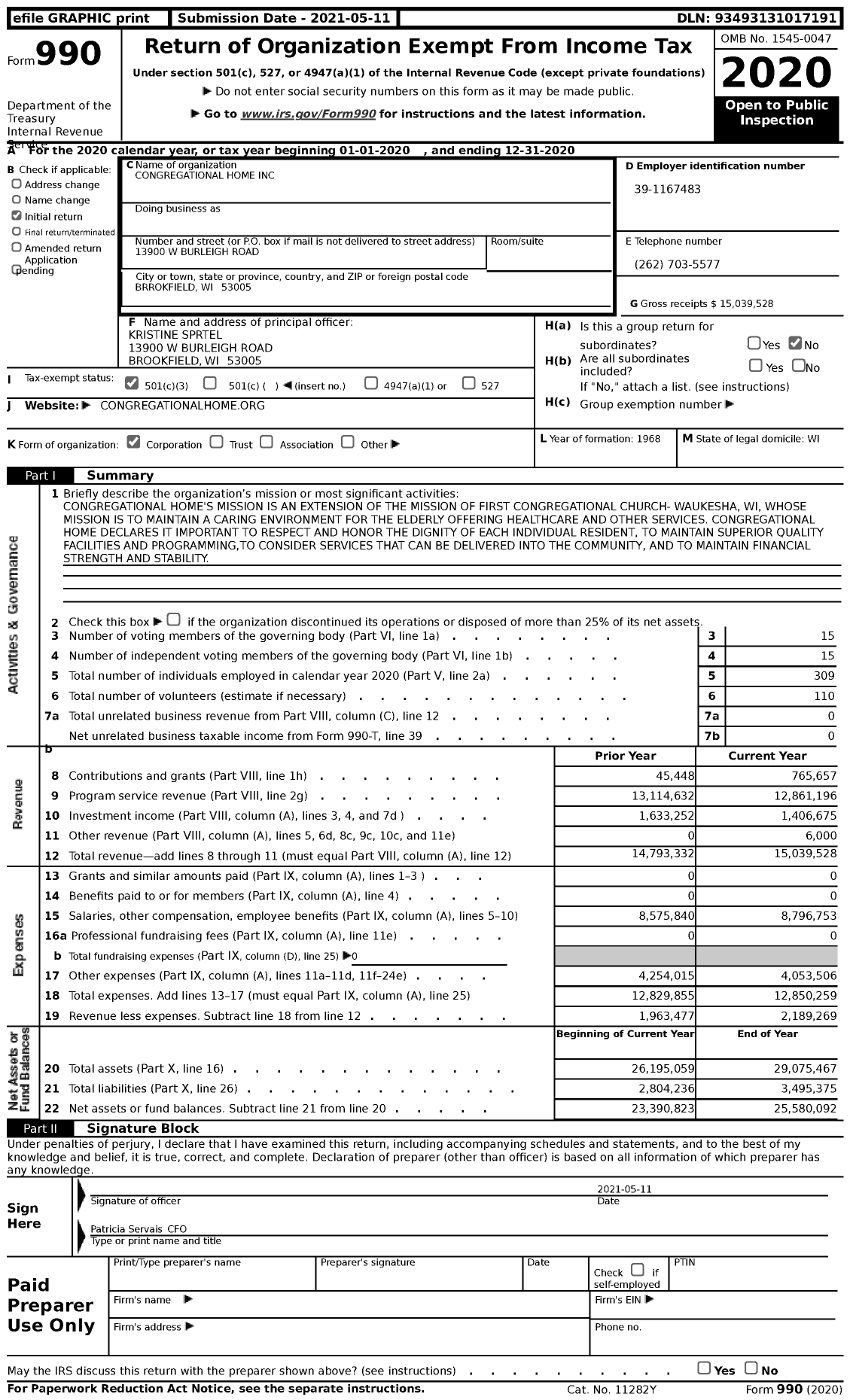 Image of first page of 2020 Form 990 for Congregational Home