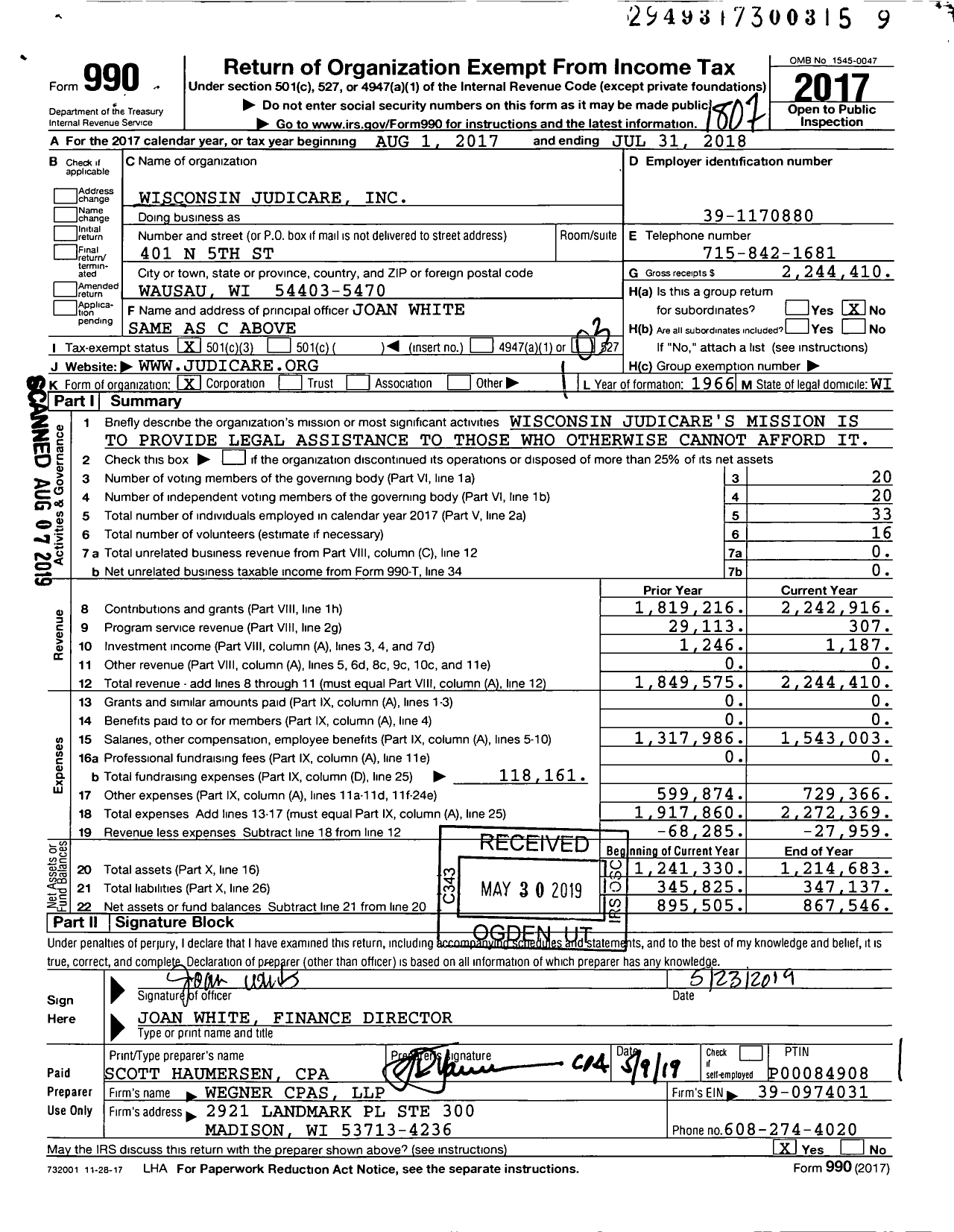 Image of first page of 2017 Form 990 for Wisconsin Judicare