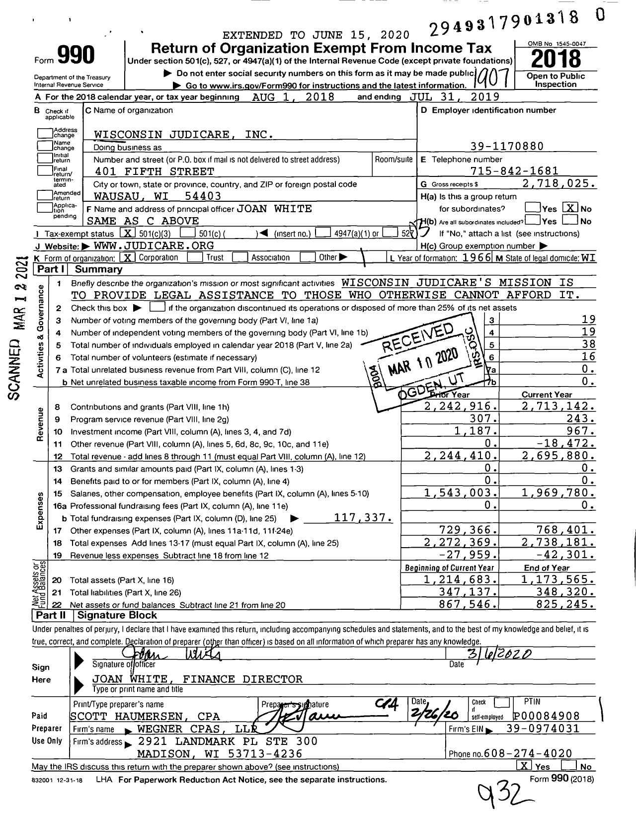Image of first page of 2018 Form 990 for Wisconsin Judicare